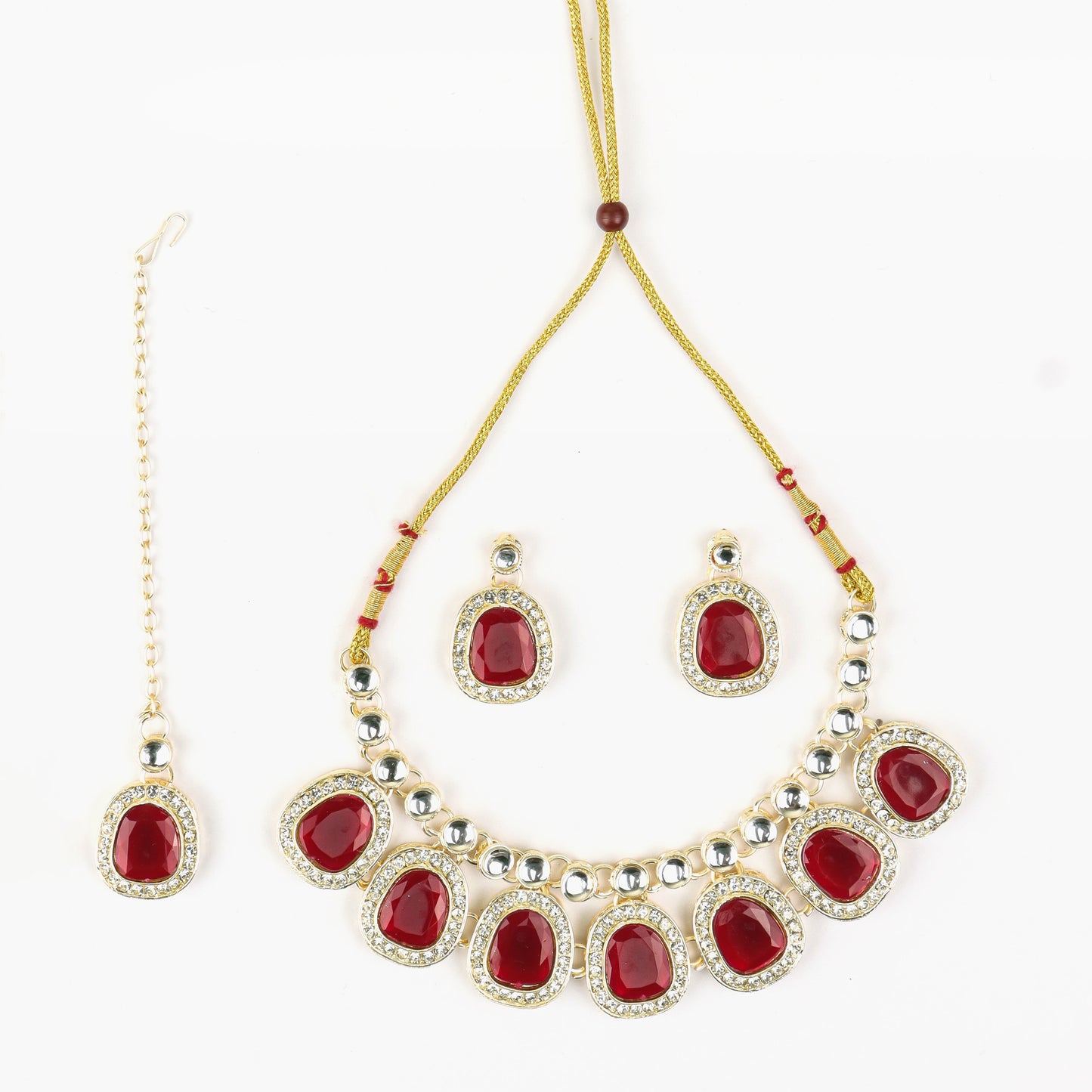 MIDAM™ Gold-Toned American Diamond Studded Red Cubic Zirconia Premium Jewellery Set