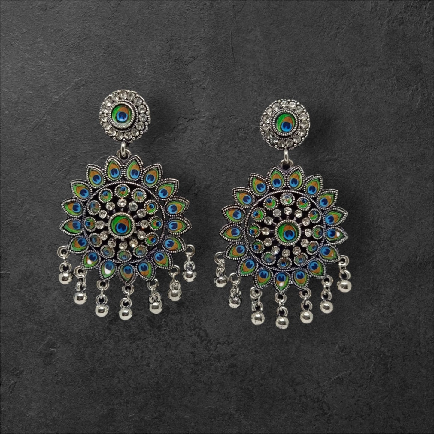 MIDAM™ Silver-Plated Flower-Shaped Peacock Feather Drop Earrings