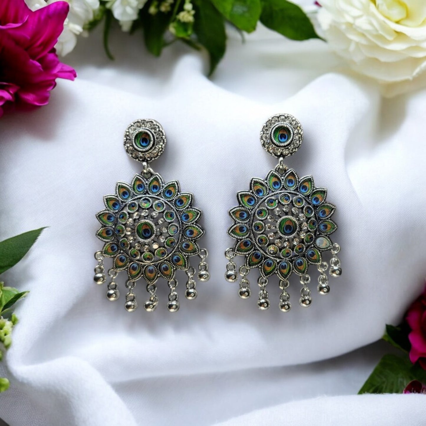 MIDAM™ Silver-Plated Flower-Shaped Peacock Feather Drop Earrings