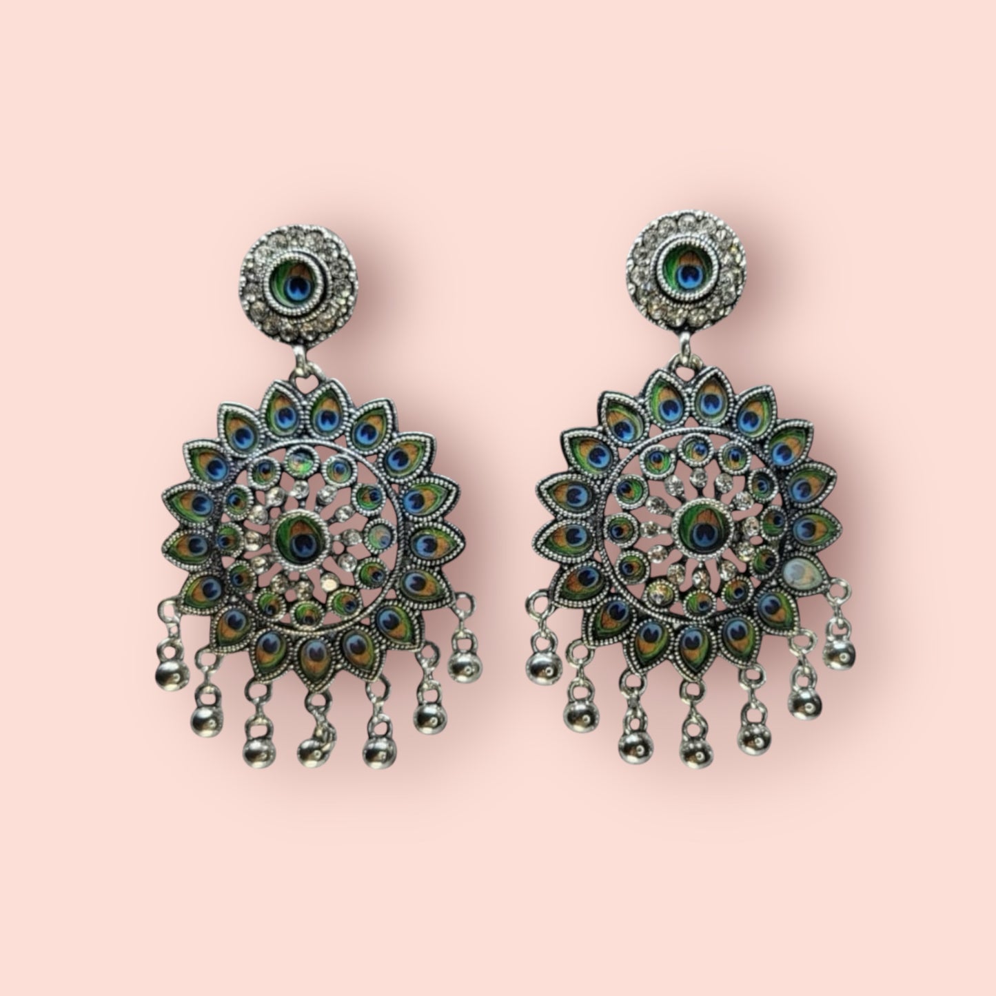 MIDAM™ Silver-Plated Flower-Shaped Peacock Feather Drop Earrings