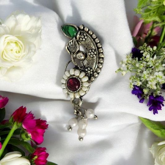 MIDAM™ Red & Green Stone-Studded Silver Oxidized Nose Pin