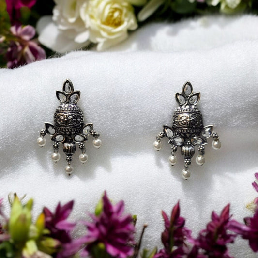 MIDAM™ White Beaded Silver Oxidized Stud Earrings