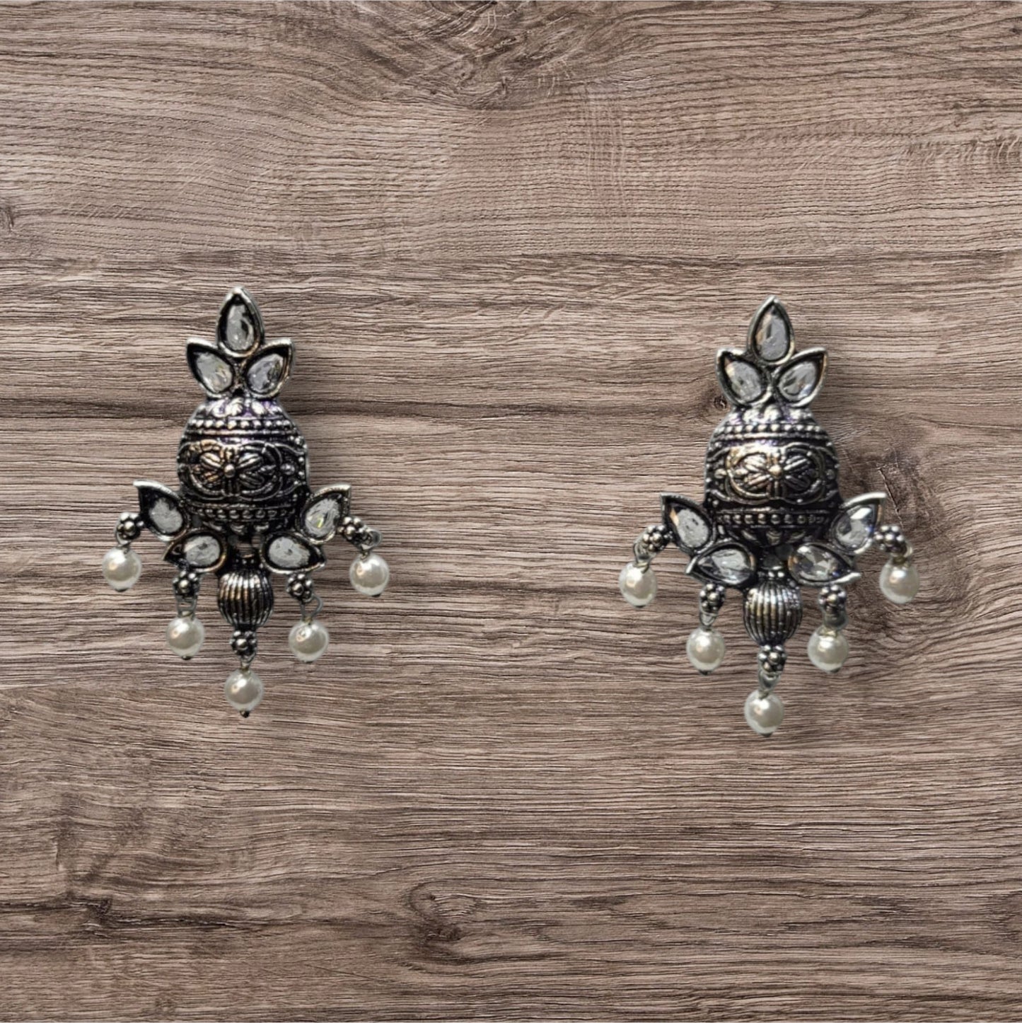 MIDAM™ White Beaded Silver Oxidized Stud Earrings