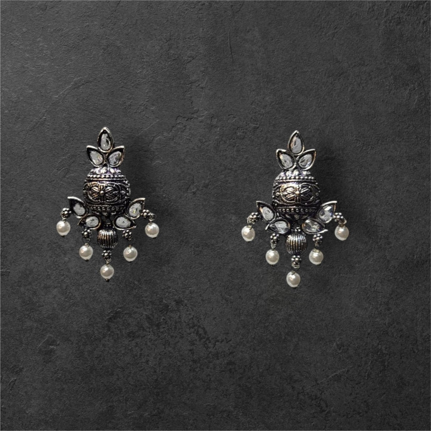 MIDAM™ White Beaded Silver Oxidized Stud Earrings