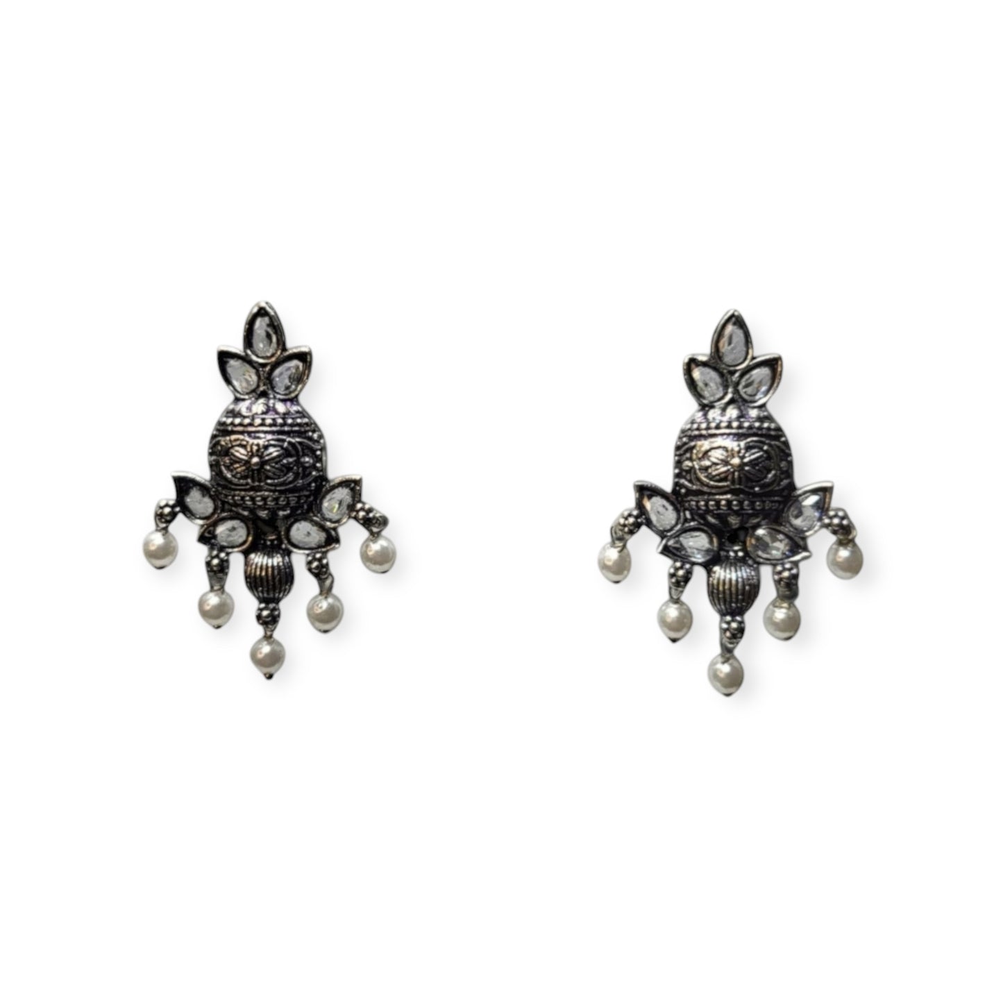 MIDAM™ White Beaded Silver Oxidized Stud Earrings