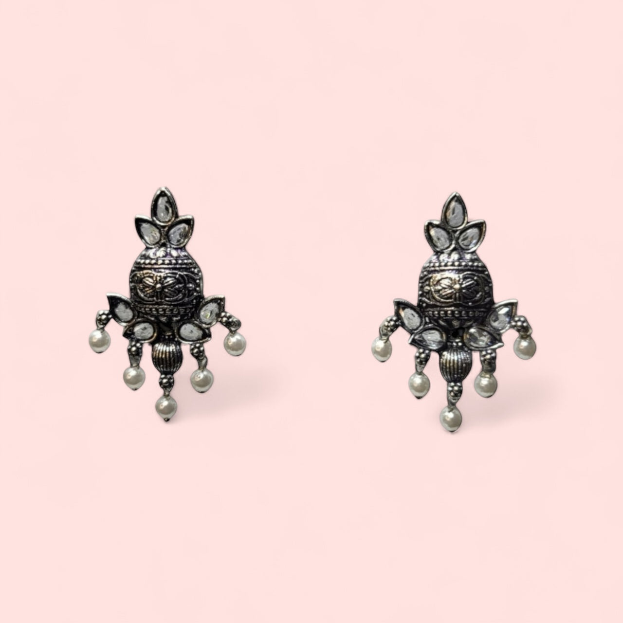 MIDAM™ White Beaded Silver Oxidized Stud Earrings