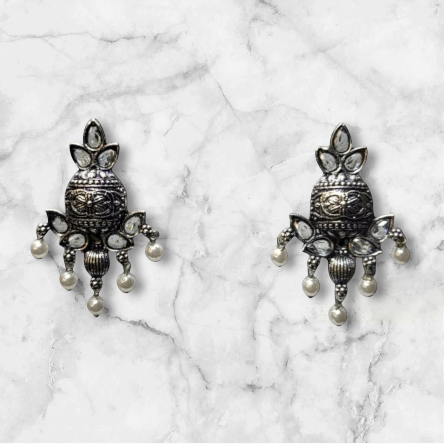 MIDAM™ White Beaded Silver Oxidized Stud Earrings