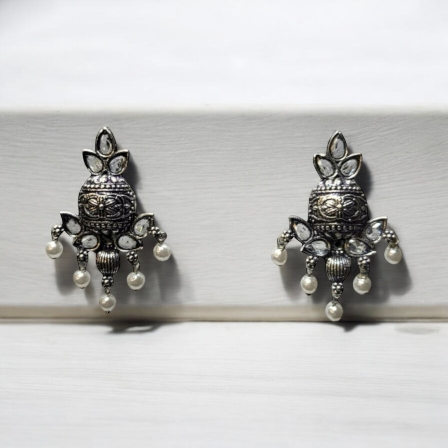 MIDAM™ White Beaded Silver Oxidized Stud Earrings