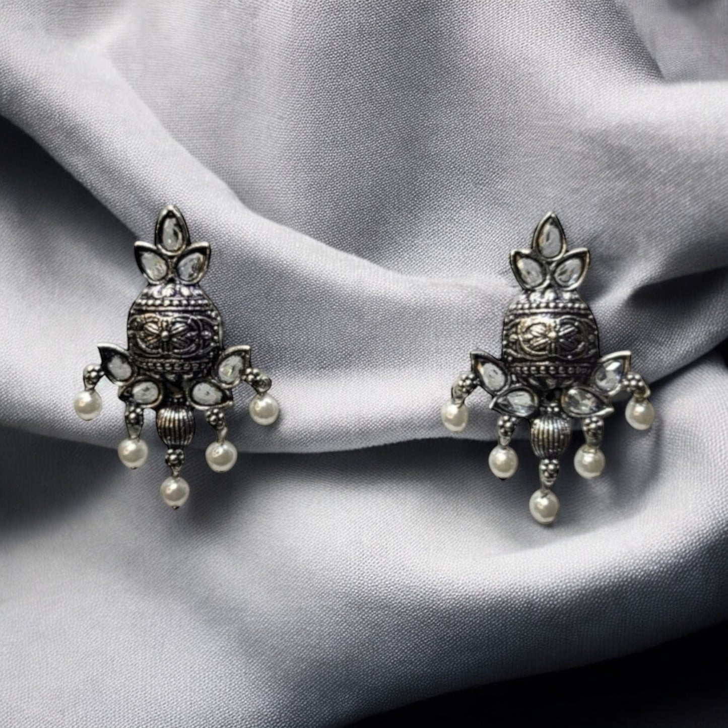 MIDAM™ White Beaded Silver Oxidized Stud Earrings