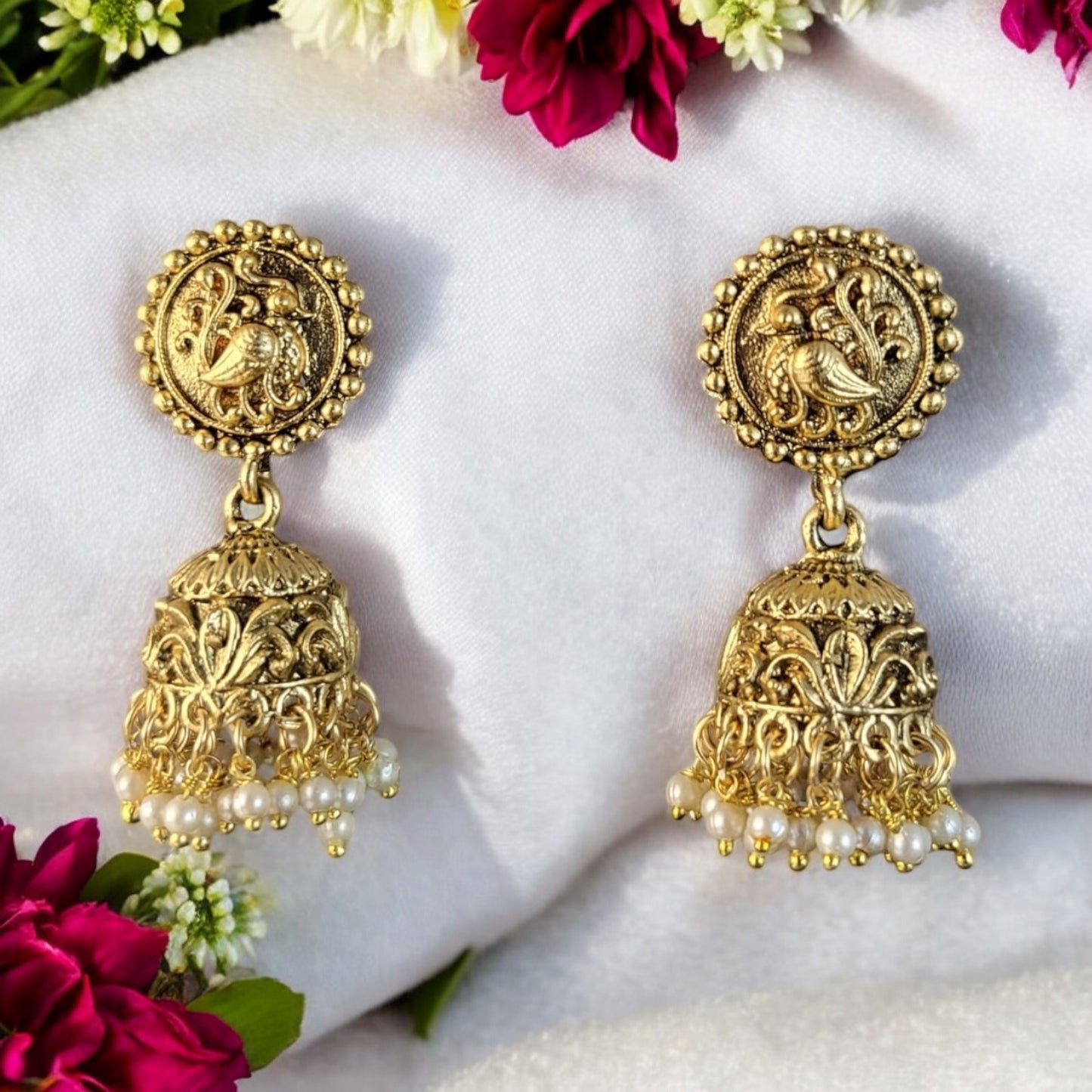MIDAM™ Gold Plated Bird Temple Jhumkas
