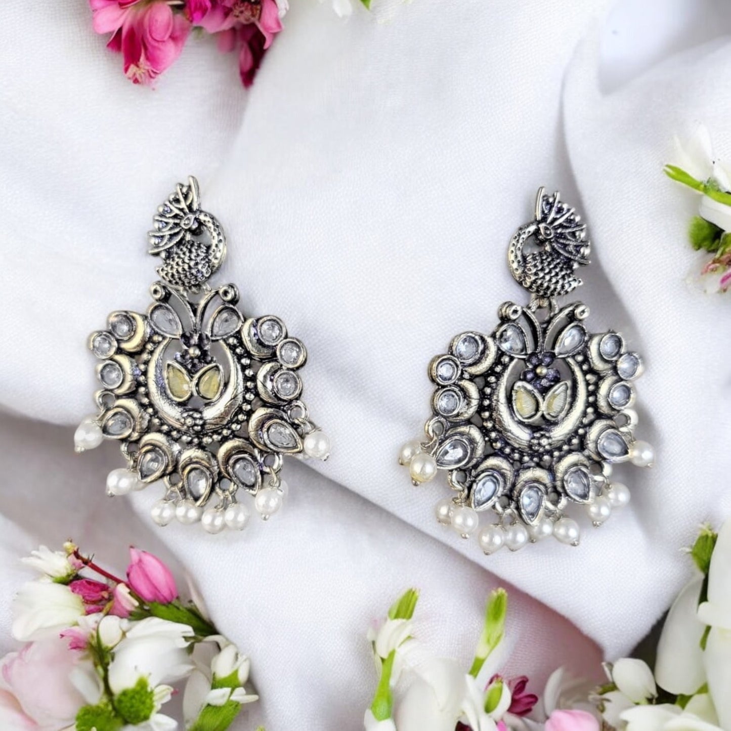 MIDAM™ German Oxidized Silver White Beaded Peacock Studs Earrings