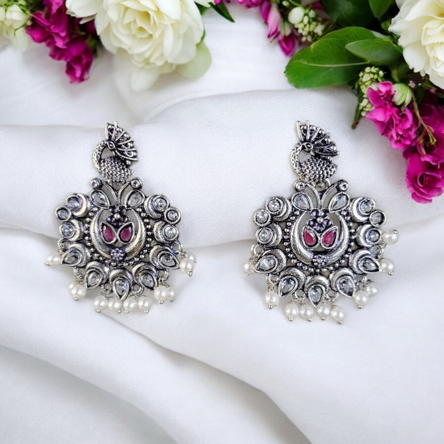 MIDAM™ German Oxidized Silver White Beaded Peacock Studs Earrings
