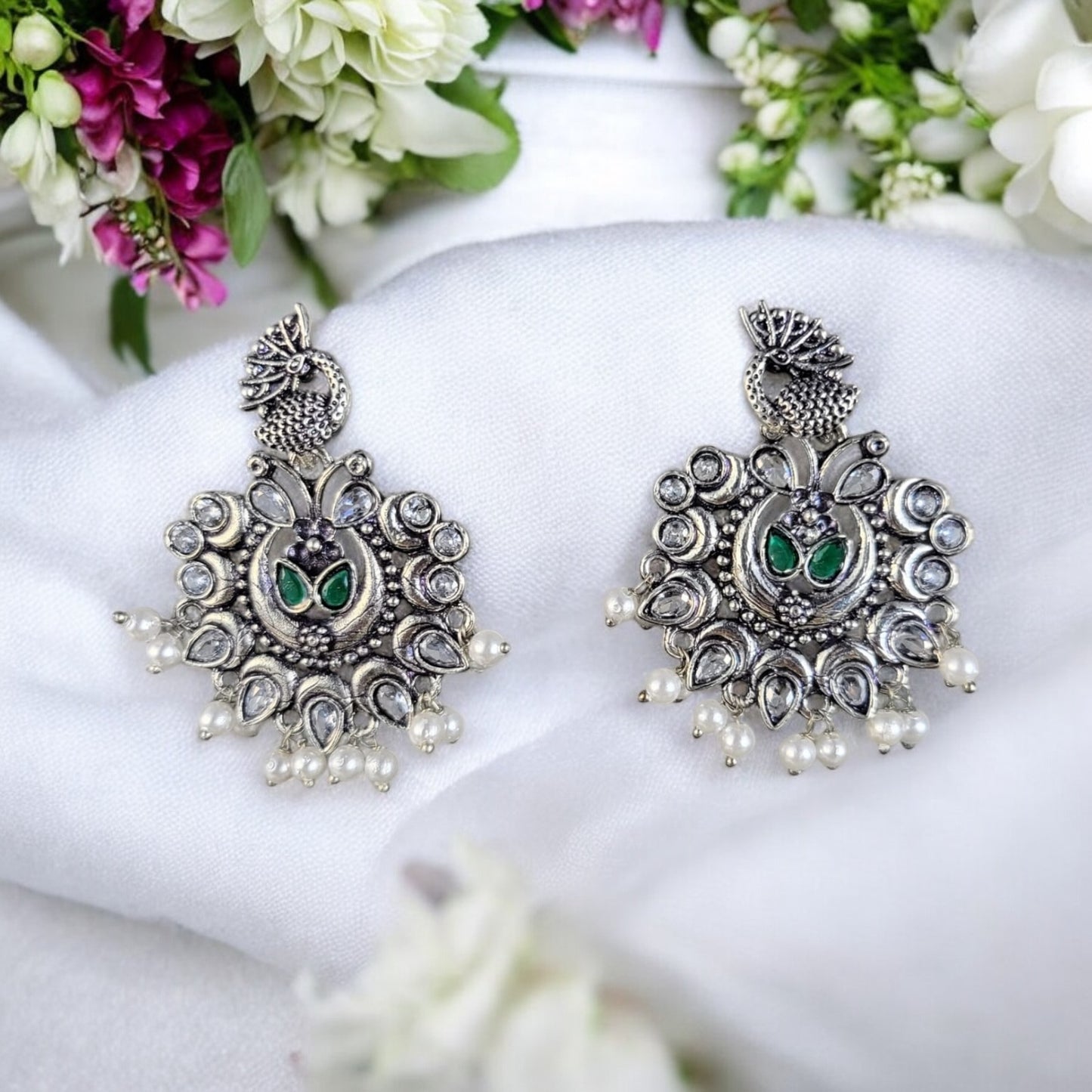 MIDAM™ German Oxidized Silver White Beaded Peacock Studs Earrings