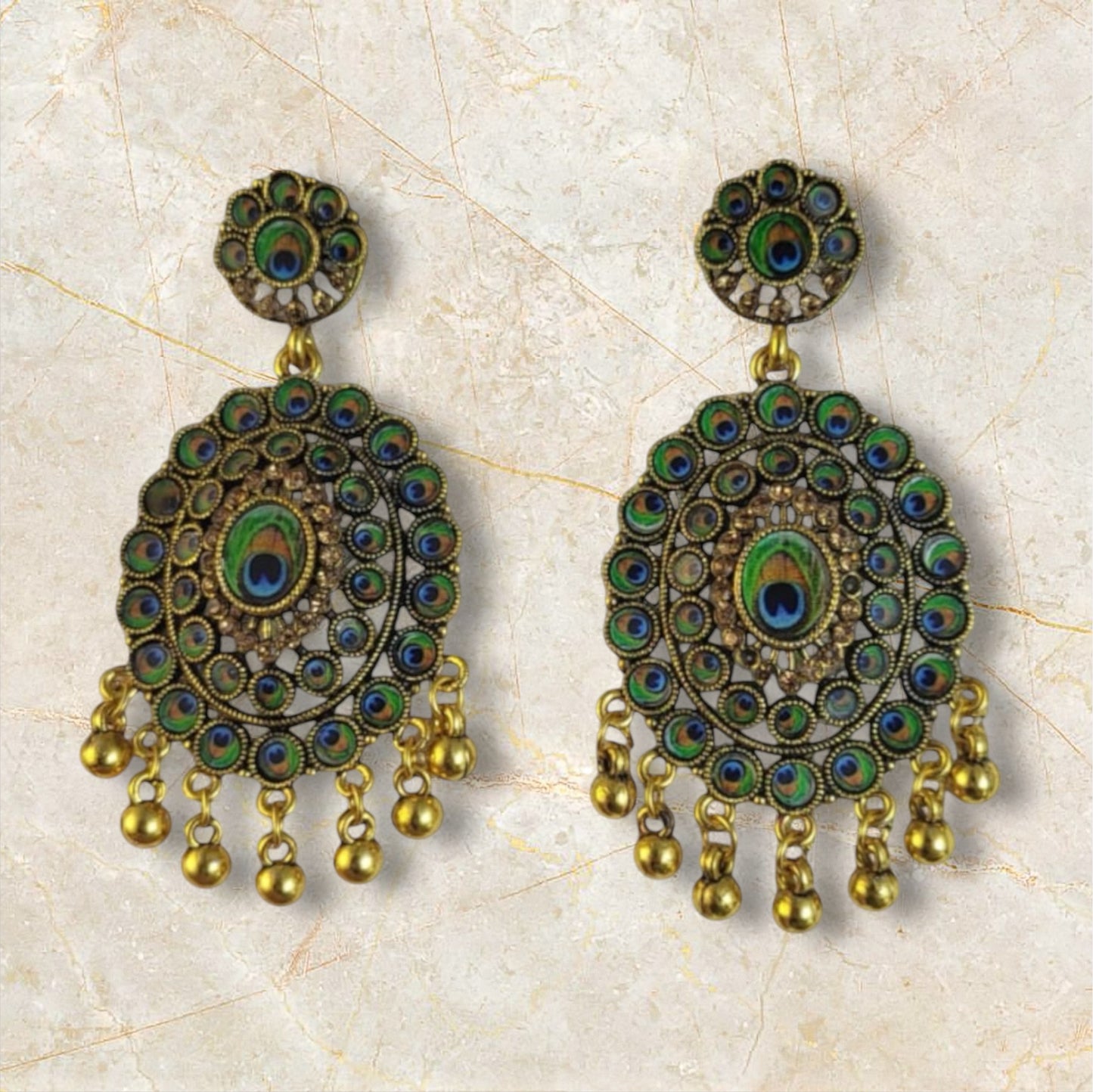 MIDAM™ Gold-Plated Oval-Shaped-Flower Peacock Feather Drop Earrings