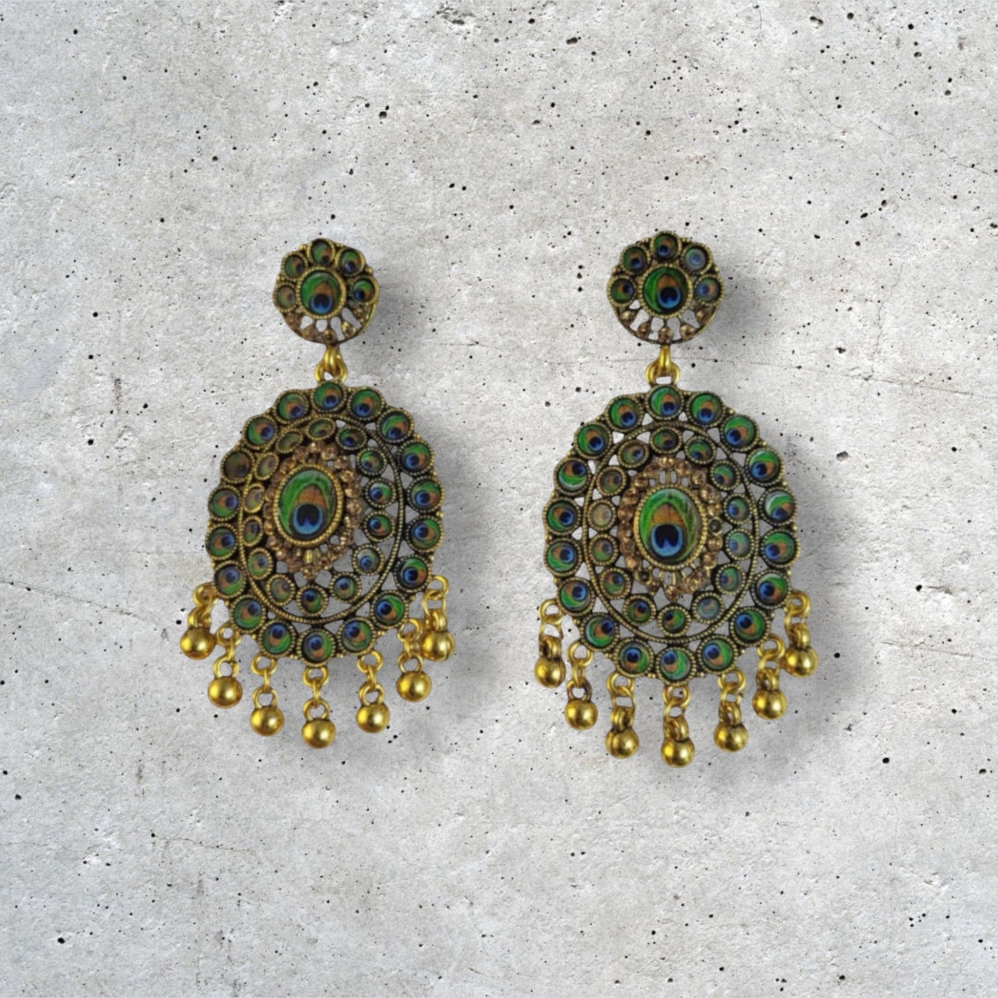 MIDAM™ Gold-Plated Oval-Shaped-Flower Peacock Feather Drop Earrings