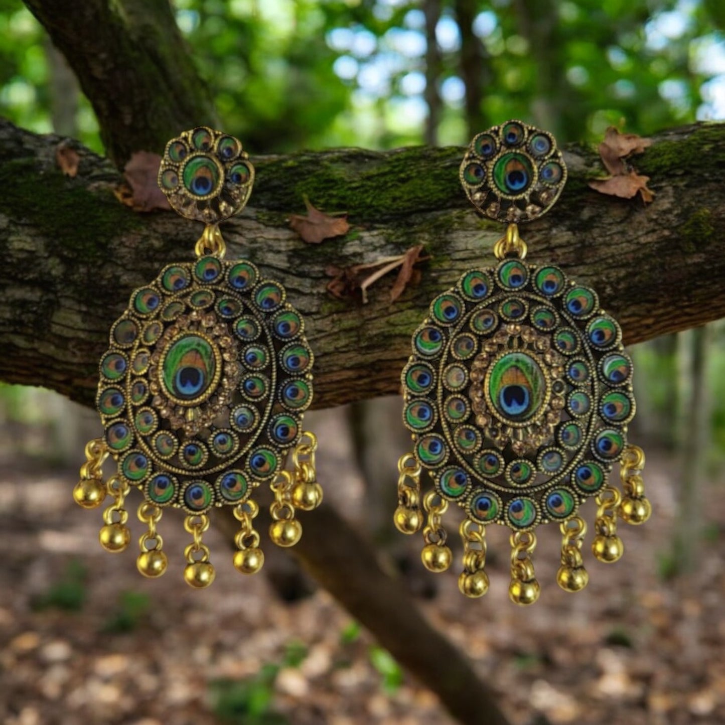MIDAM™ Gold-Plated Oval-Shaped-Flower Peacock Feather Drop Earrings