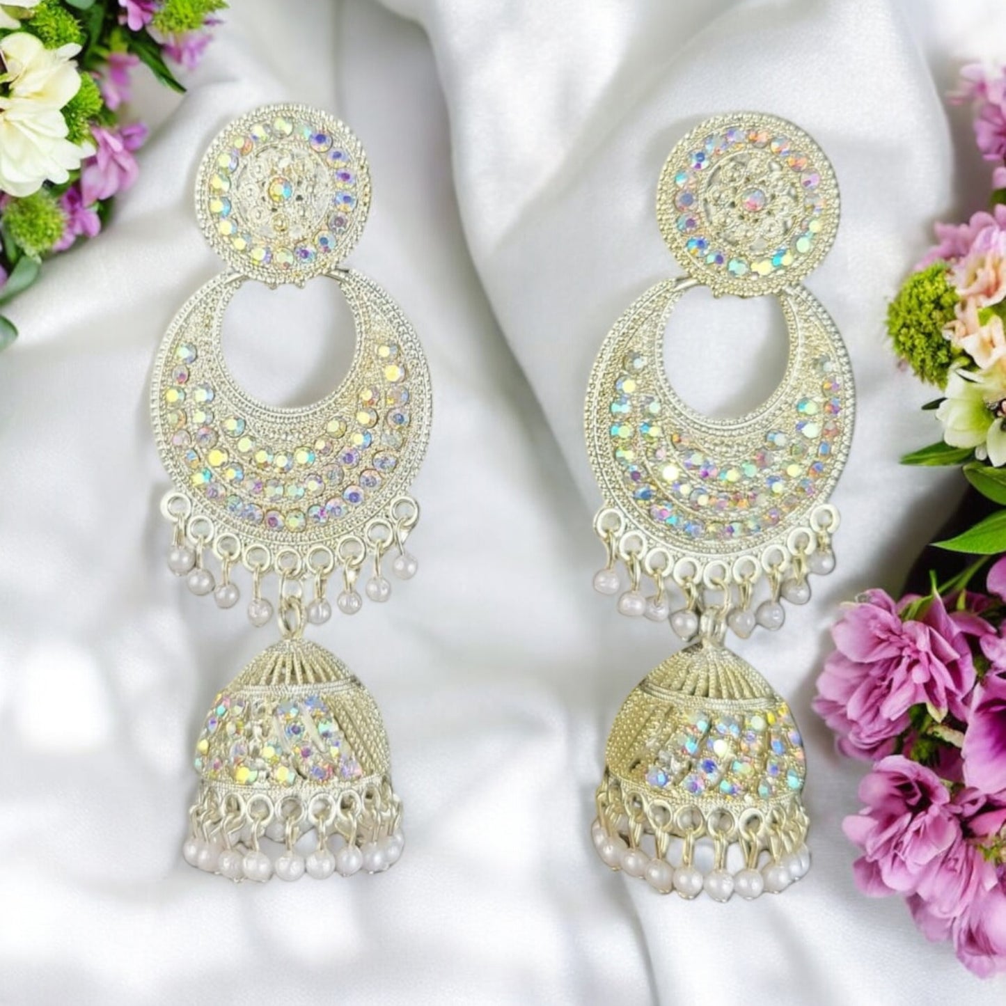 MIDAM™ Silver AD Studded Multicolour White Beads Drop Earrings.