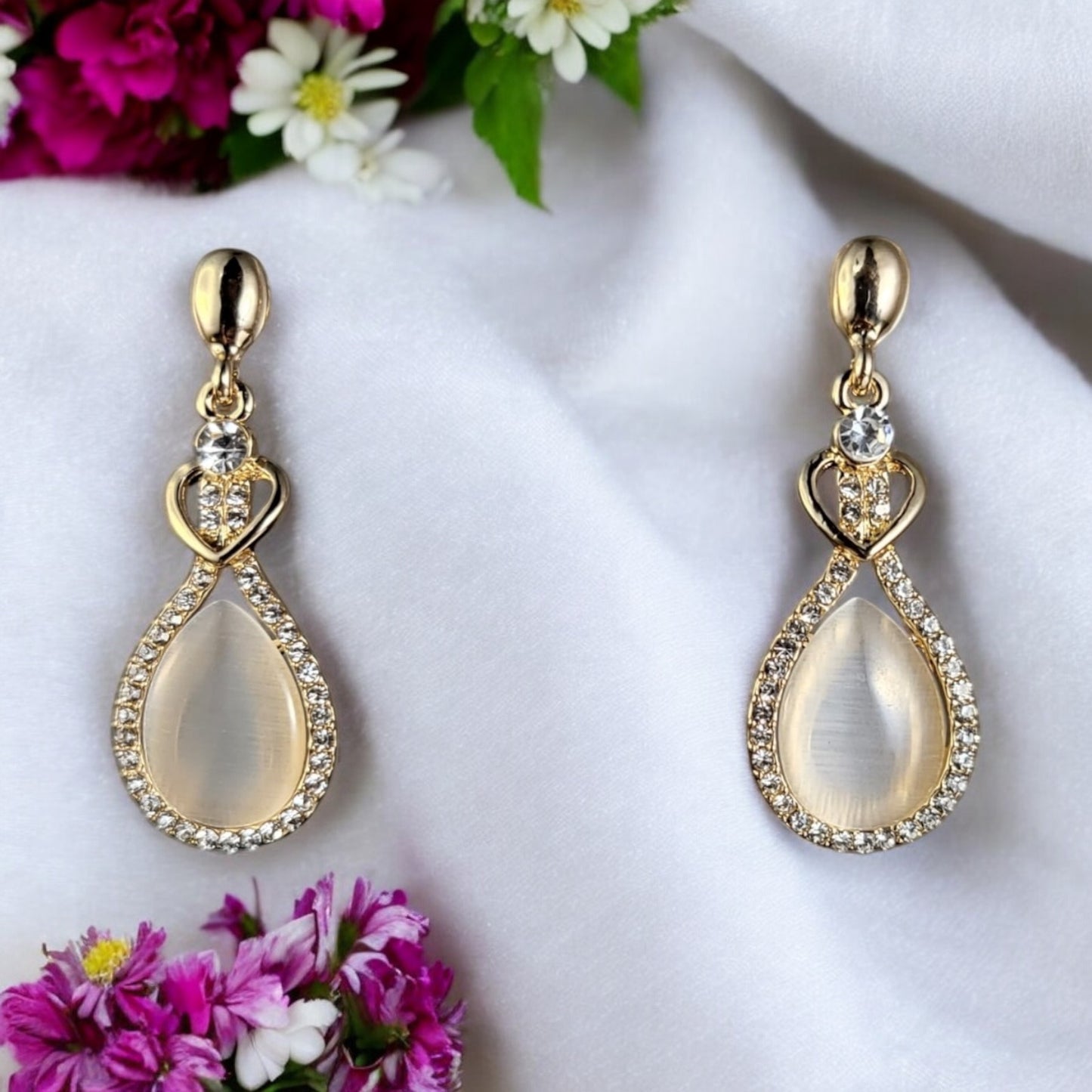 MIDAM™ Gold-Plated American Diamond Studded Heart & Water Drop Shaped Drop Earrings