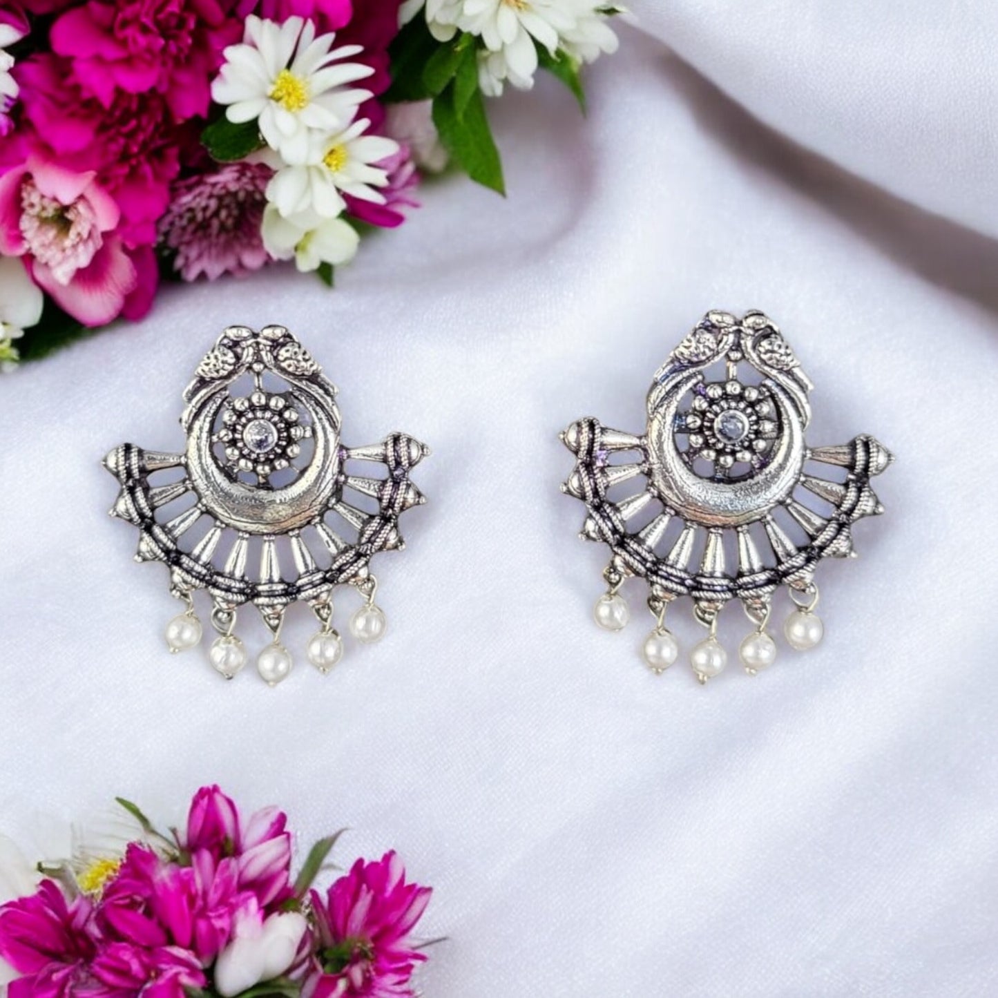 MIDAM™ German Oxidized Silver White Beaded Love Birds Contemporary Stud Earrings