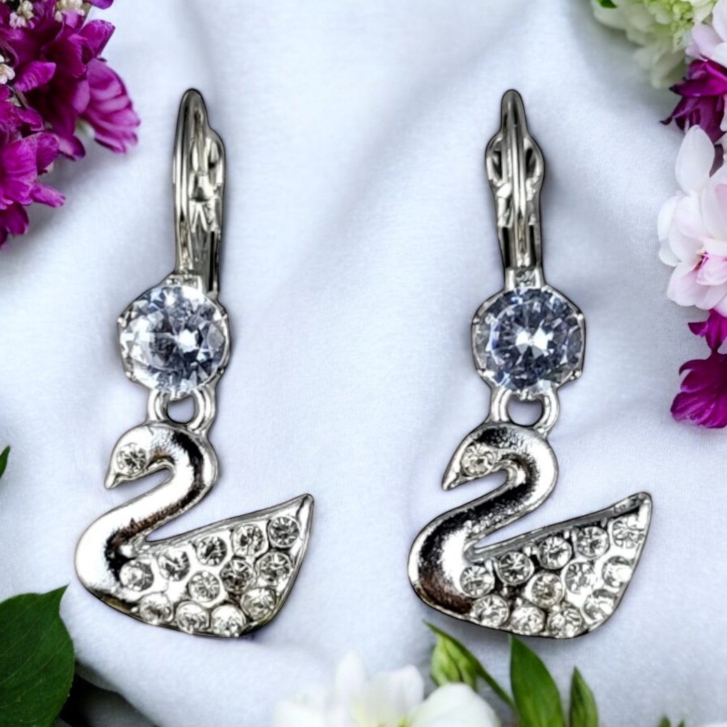 MIDAM™ Silver-Plated Zircon Studded Swan Drop Earrings