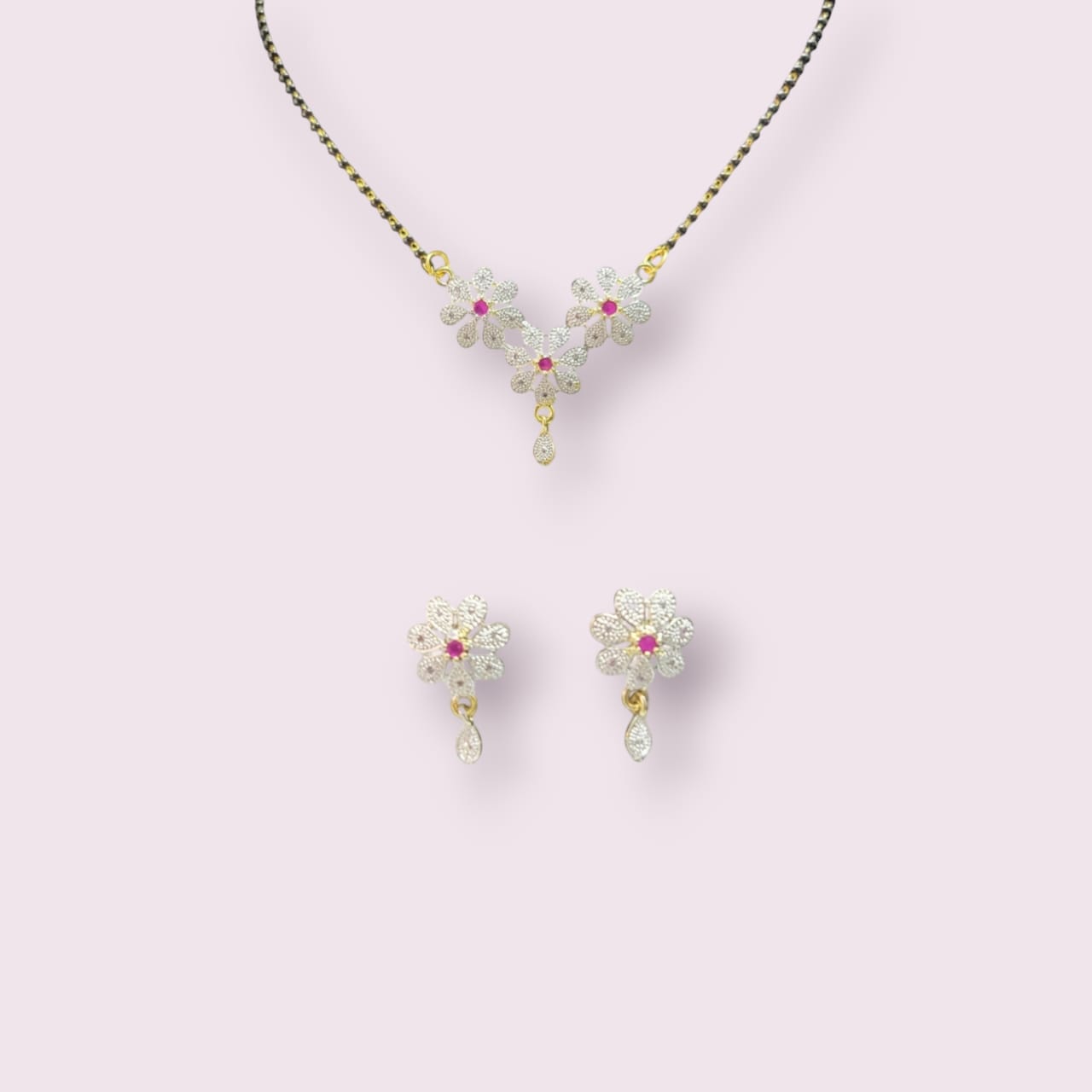MIDAM™ Gold-Plated American Diamond Pink Flower Mangalsutra & Earrings Set