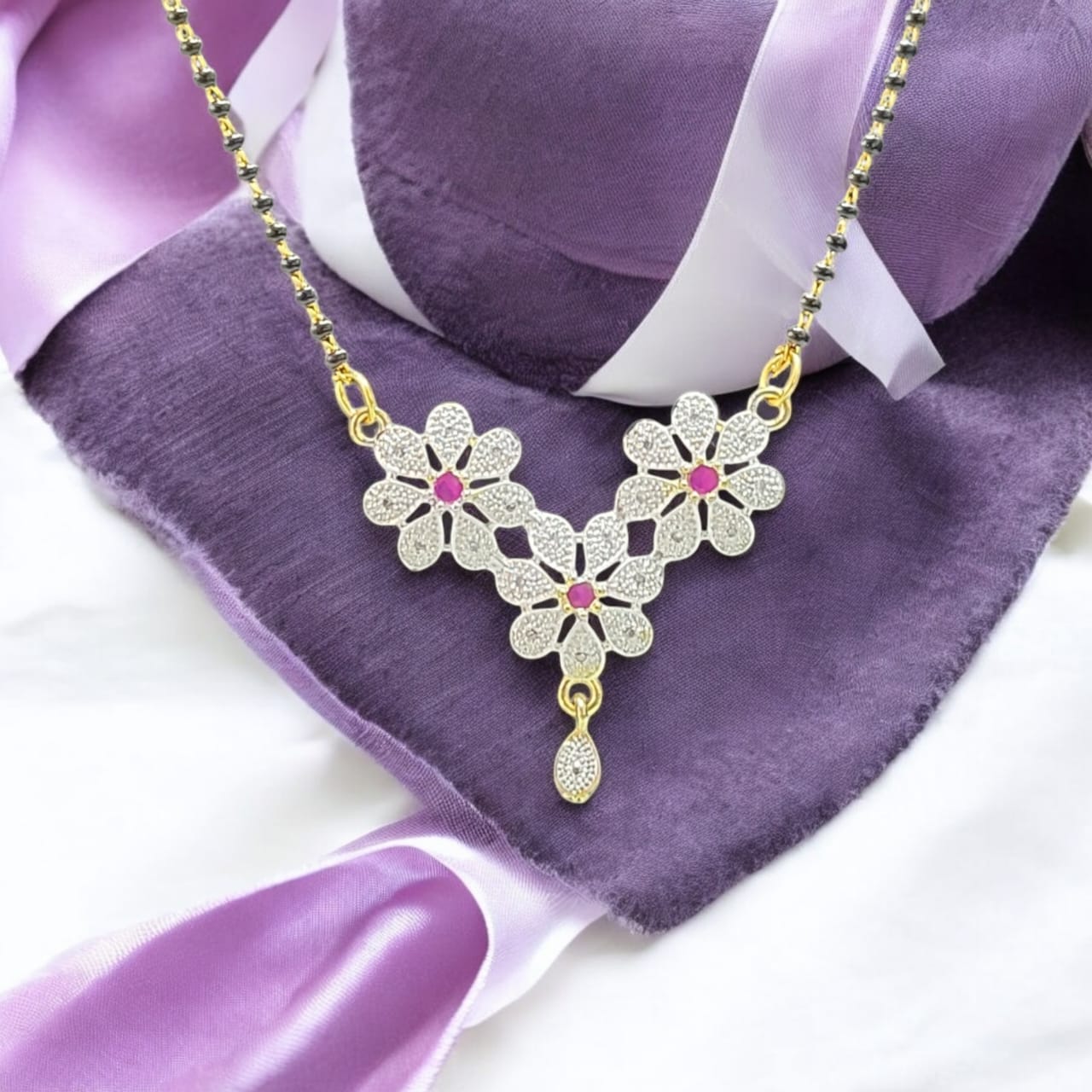MIDAM™ Gold-Plated American Diamond Pink Flower Mangalsutra & Earrings Set