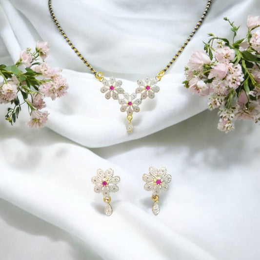MIDAM™ Gold-Plated American Diamond Pink Flower Mangalsutra & Earrings Set