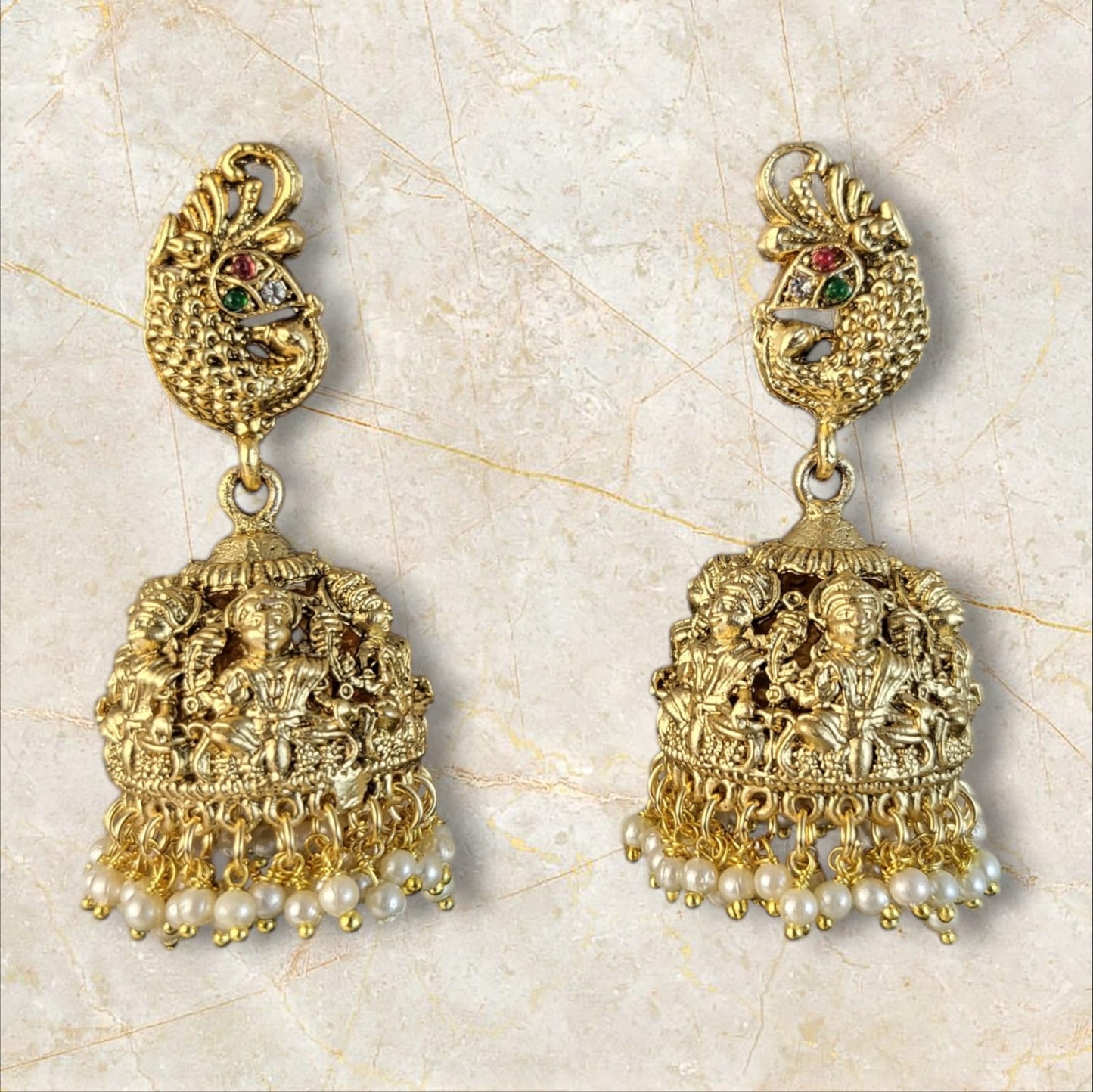 MIDAM™ Gold Plated Peacock Temple Jhumkas