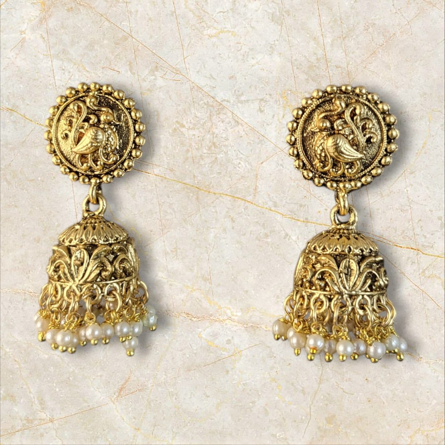 MIDAM™ Gold Plated Bird Temple Jhumkas