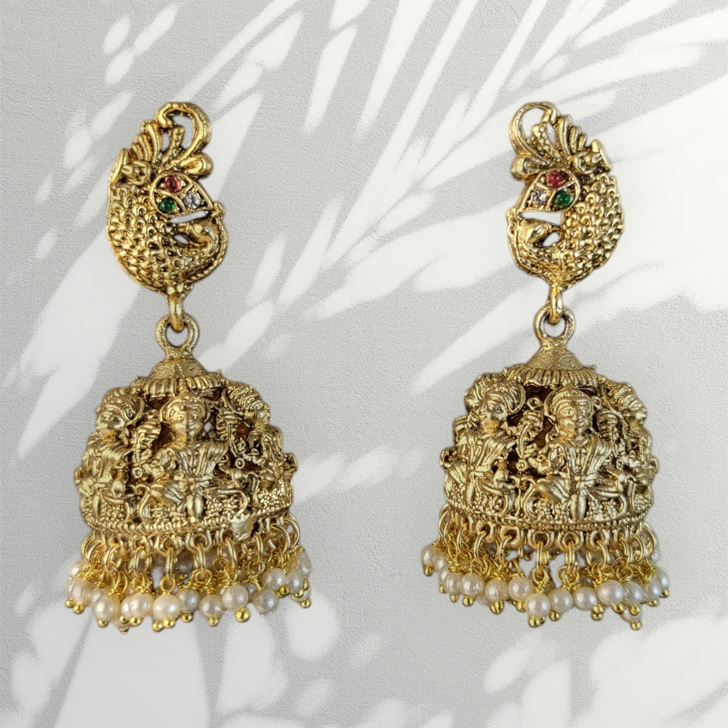 MIDAM™ Gold Plated Peacock Temple Jhumkas