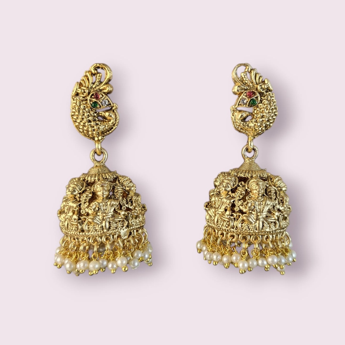 MIDAM™ Gold Plated Peacock Temple Jhumkas