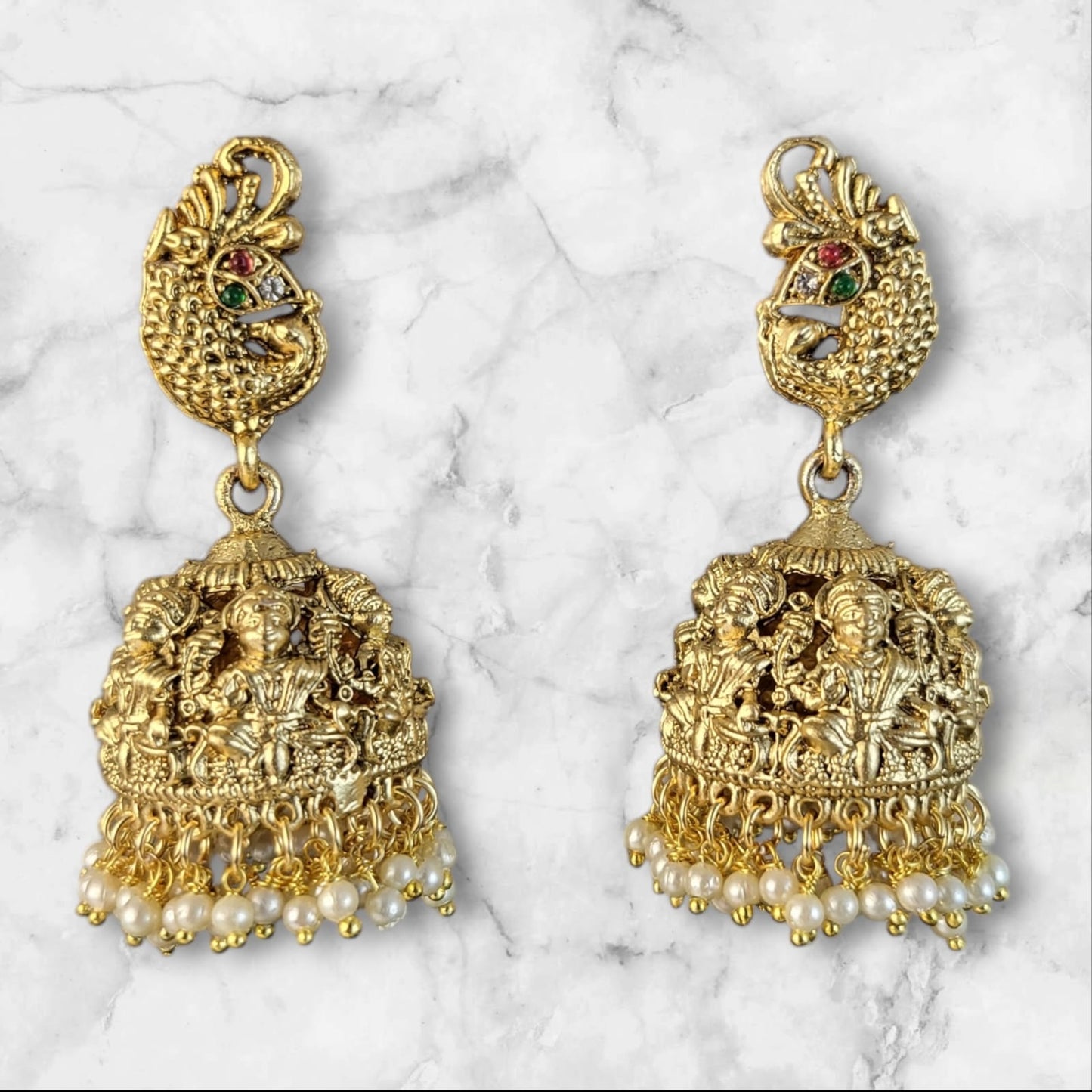 MIDAM™ Gold Plated Peacock Temple Jhumkas