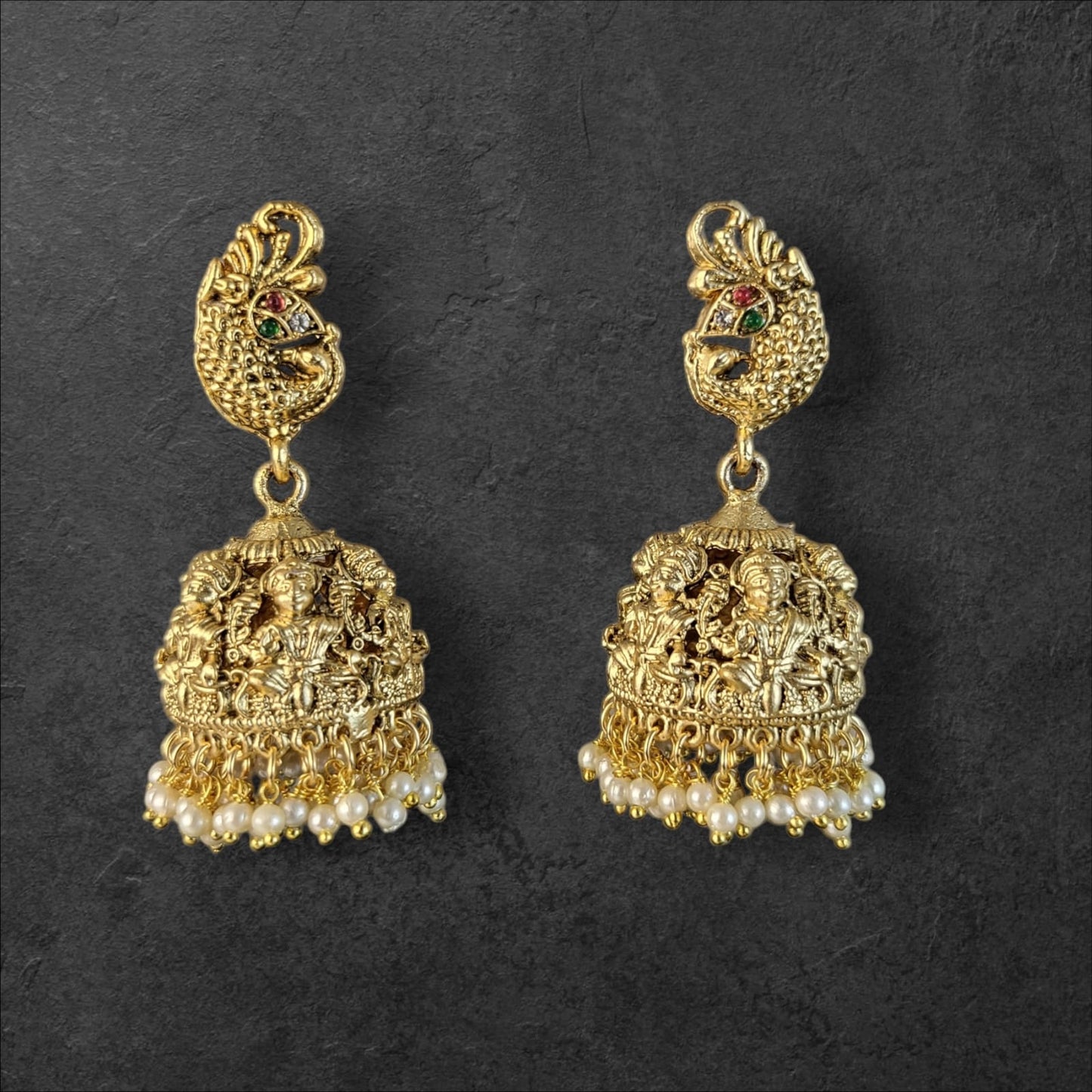 MIDAM™ Gold Plated Peacock Temple Jhumkas