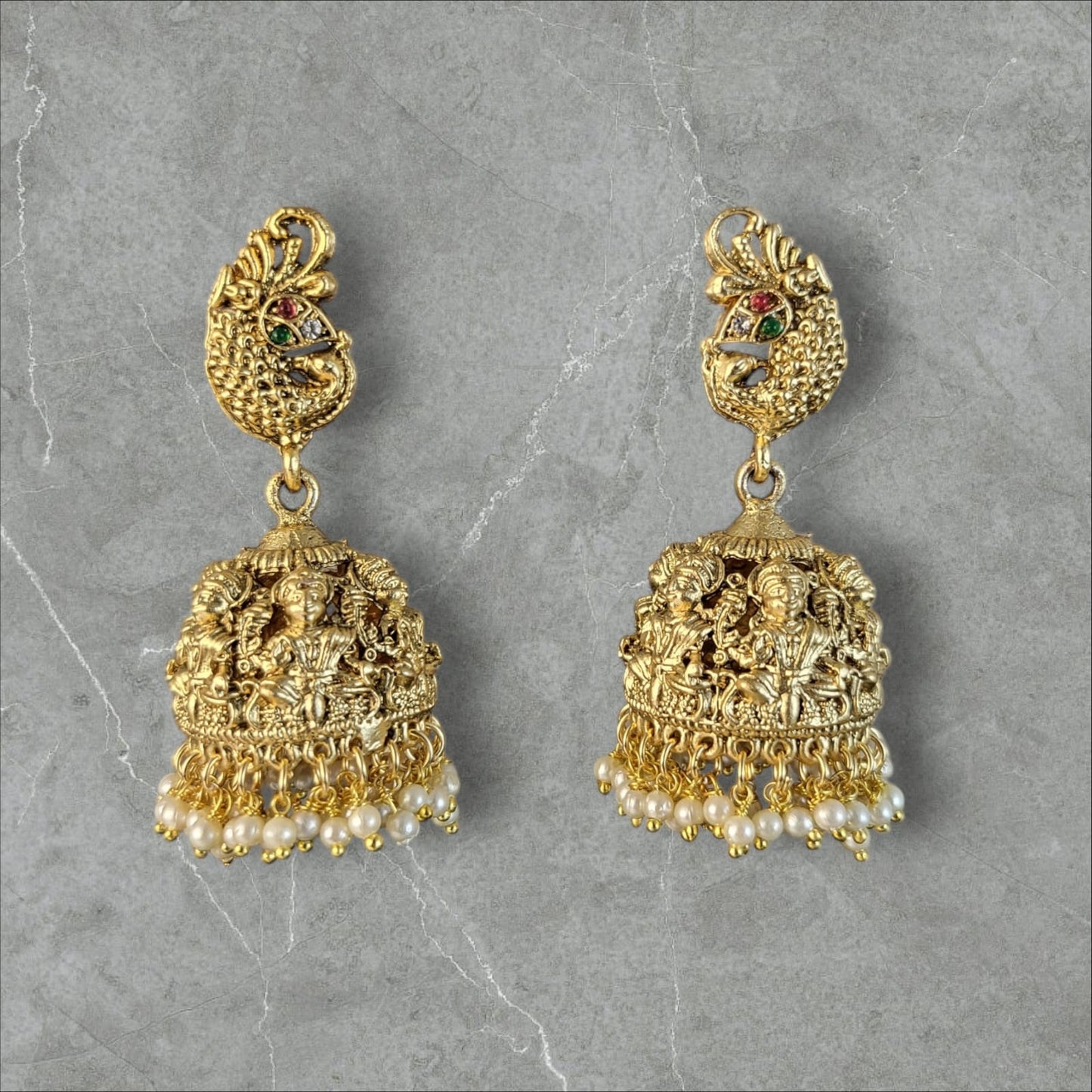 MIDAM™ Gold Plated Peacock Temple Jhumkas