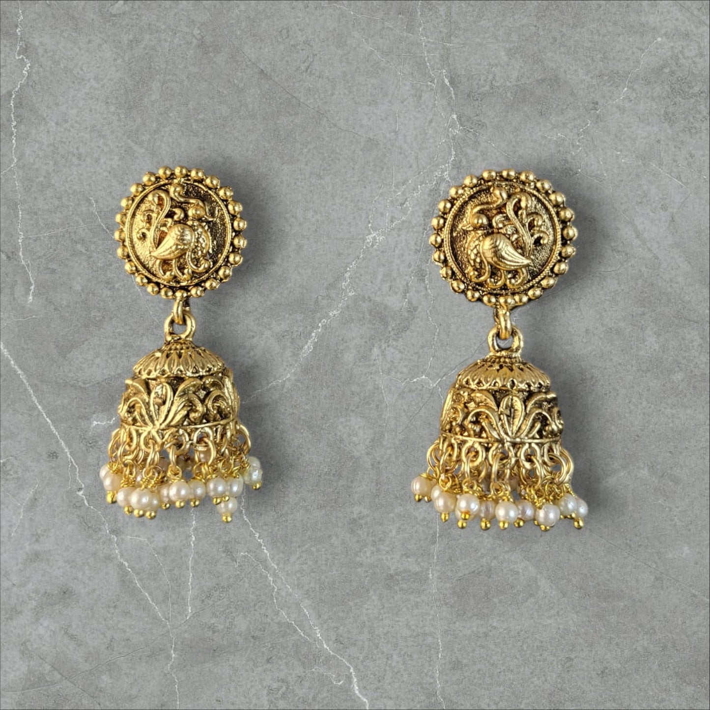 MIDAM™ Gold Plated Bird Temple Jhumkas