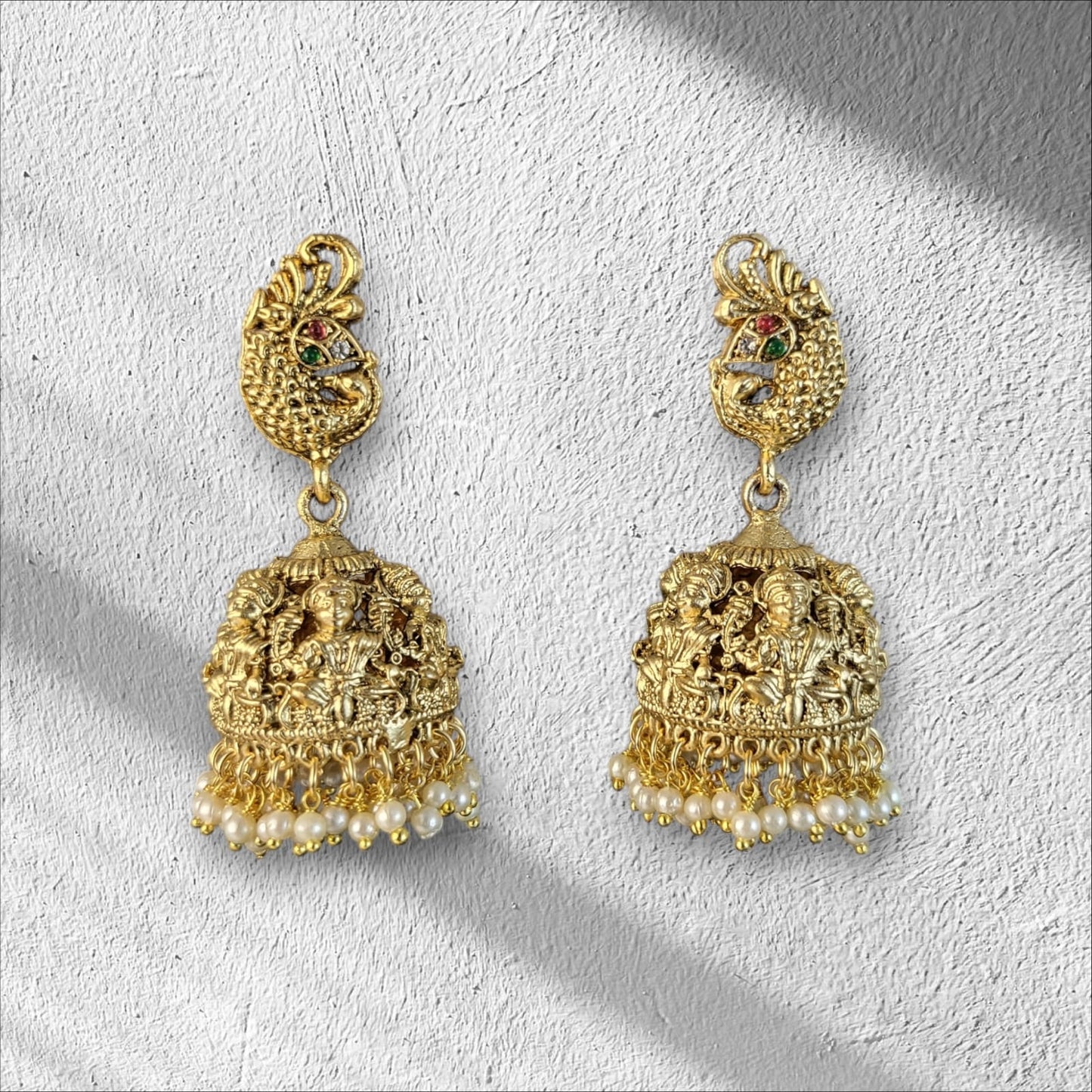 MIDAM™ Gold Plated Peacock Temple Jhumkas