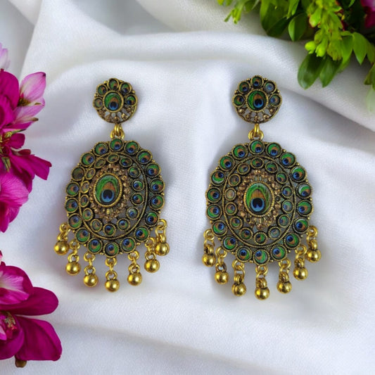 MIDAM™ Gold-Plated Oval-Shaped-Flower Peacock Feather Drop Earrings