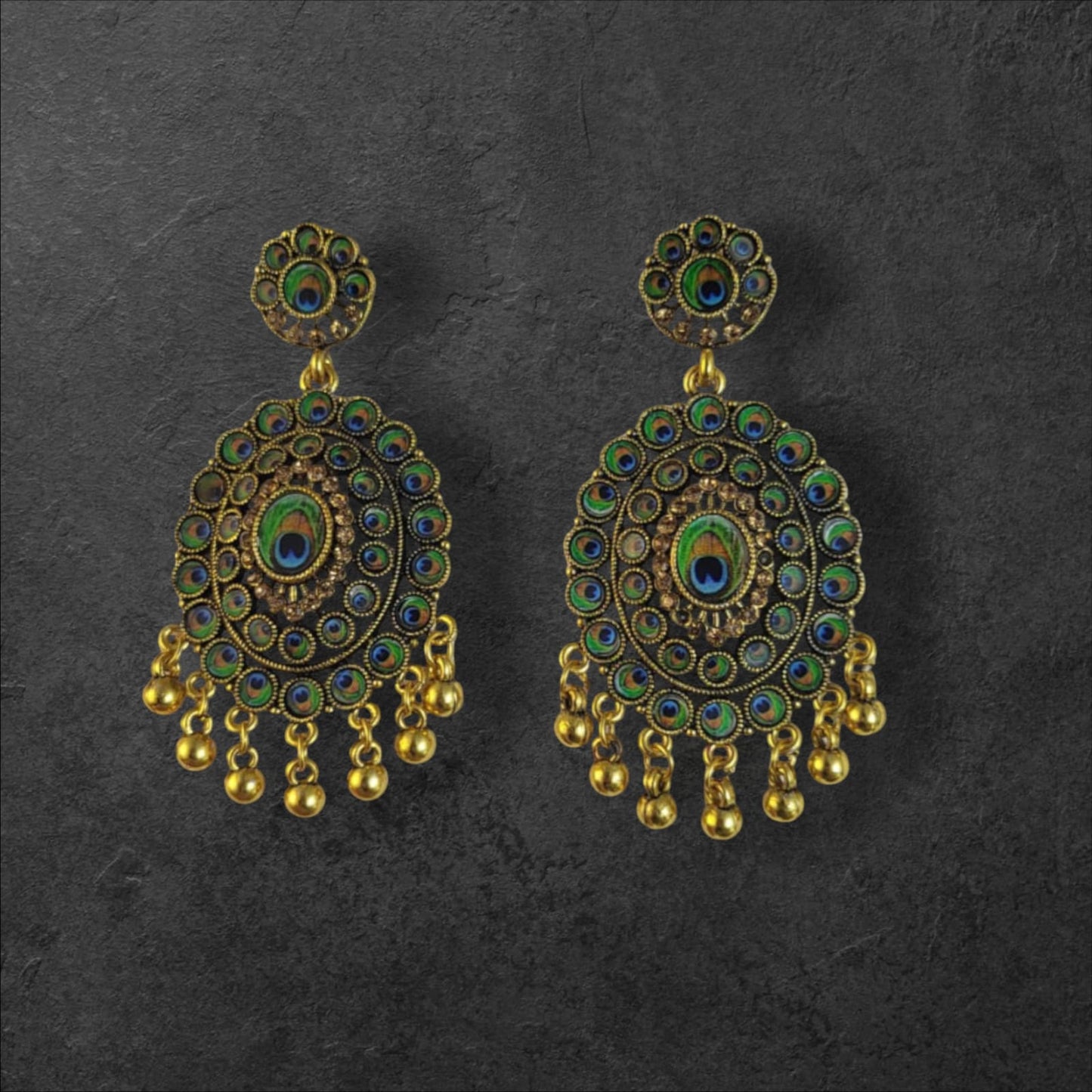 MIDAM™ Gold-Plated Oval-Shaped-Flower Peacock Feather Drop Earrings