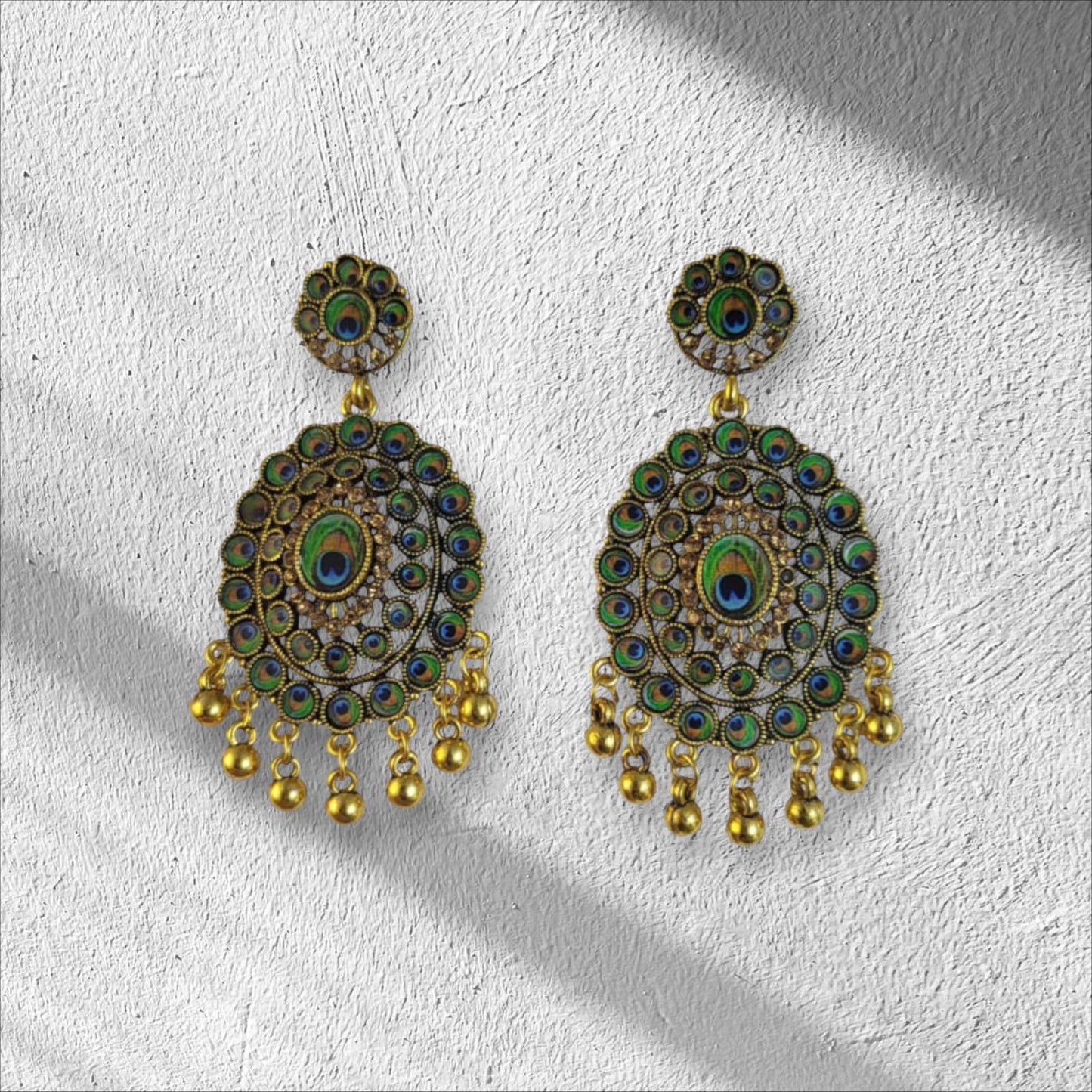 MIDAM™ Gold-Plated Oval-Shaped-Flower Peacock Feather Drop Earrings