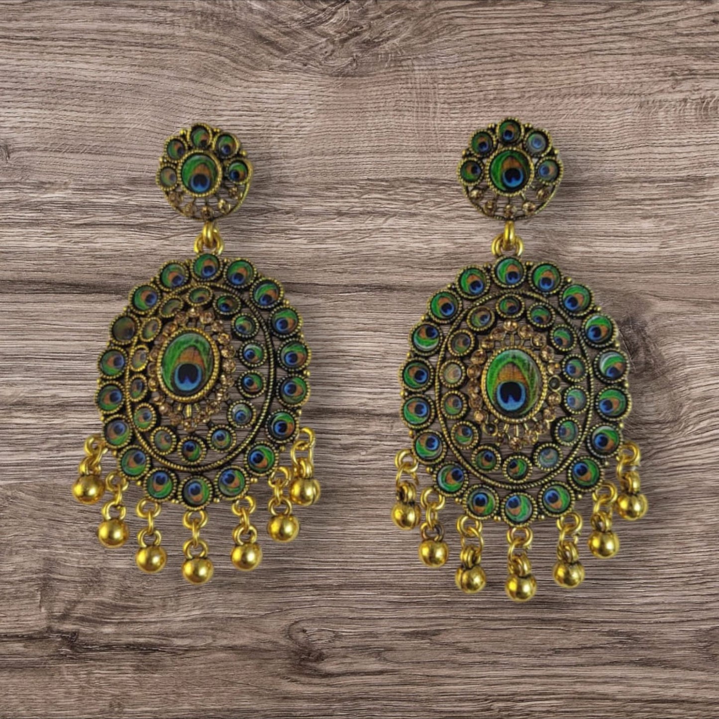 MIDAM™ Gold-Plated Oval-Shaped-Flower Peacock Feather Drop Earrings