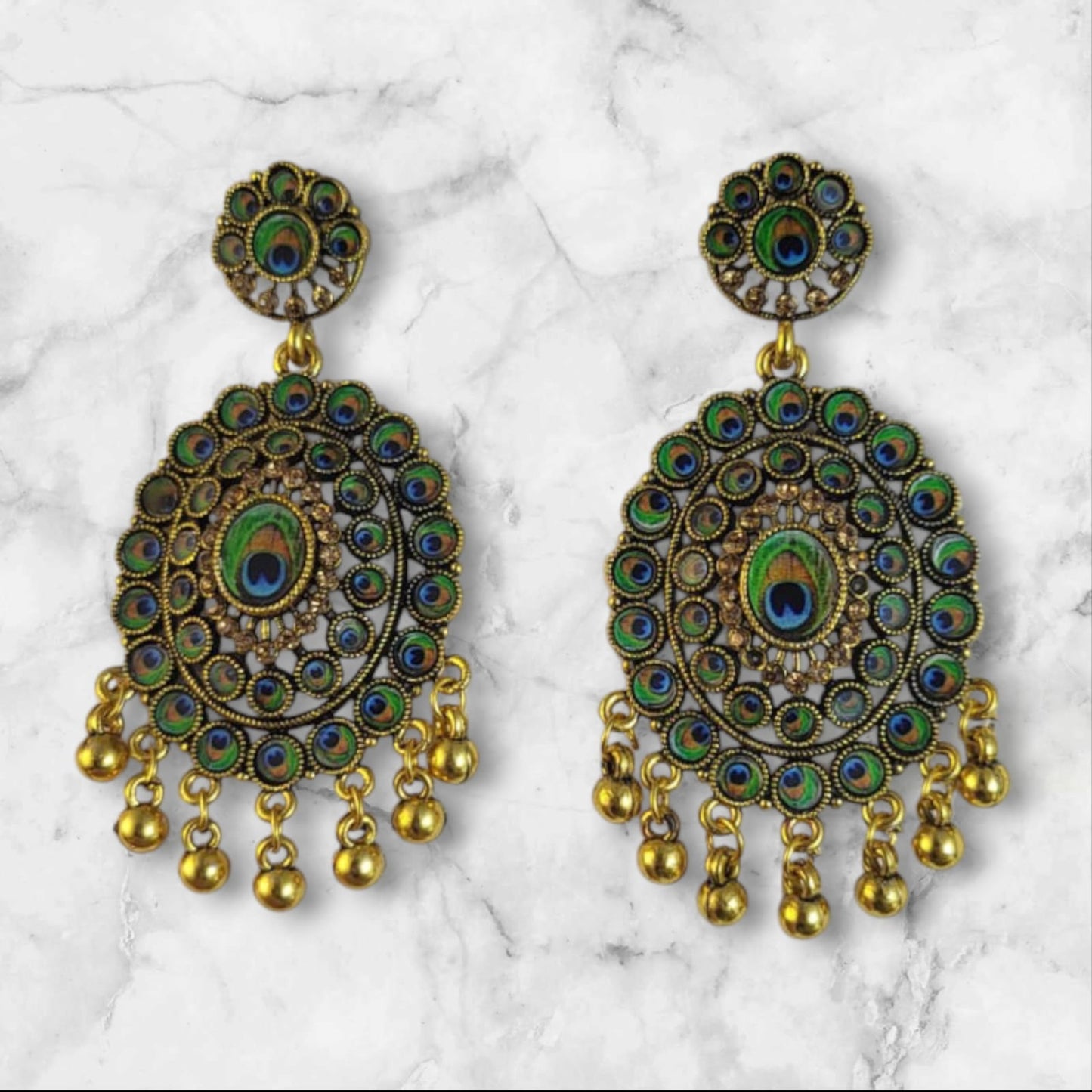MIDAM™ Gold-Plated Oval-Shaped-Flower Peacock Feather Drop Earrings