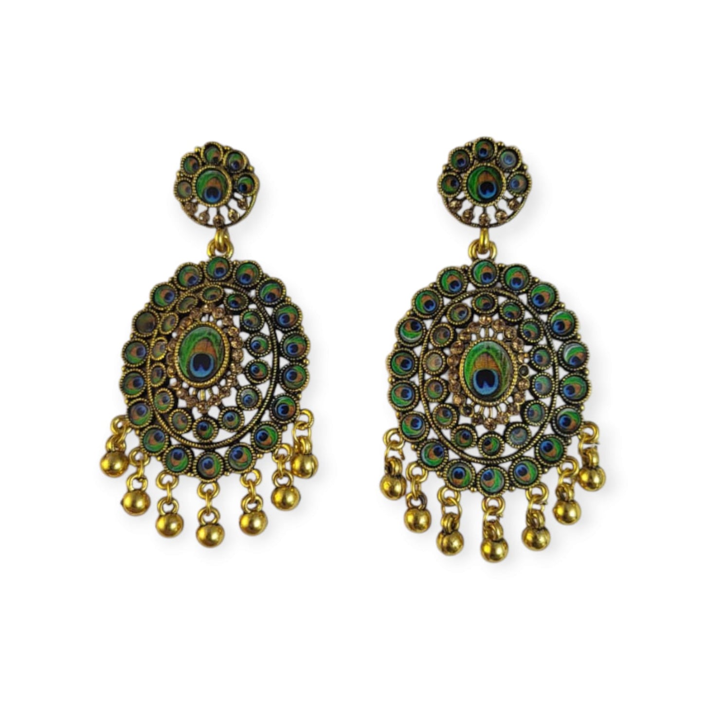 MIDAM™ Gold-Plated Oval-Shaped-Flower Peacock Feather Drop Earrings