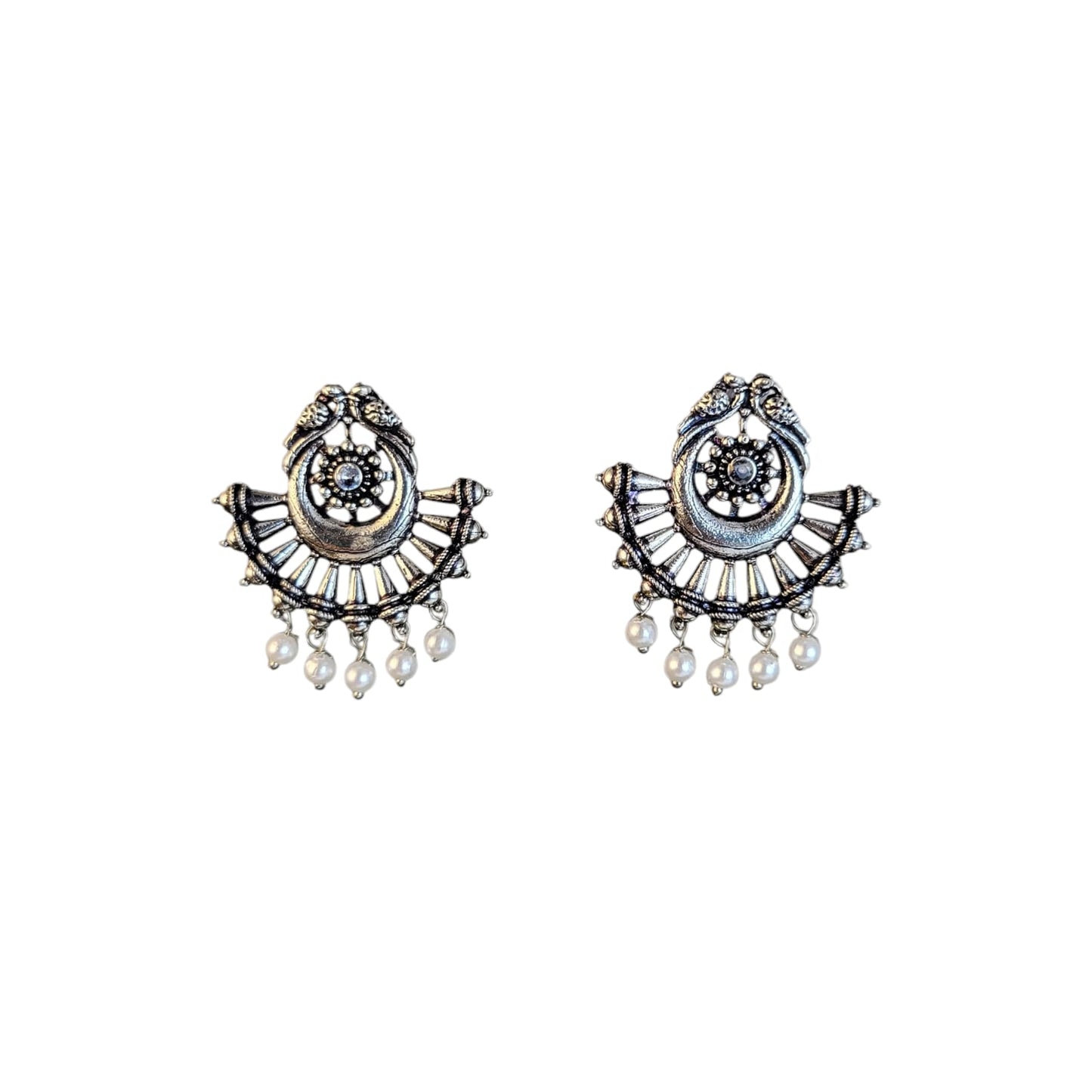 MIDAM™ German Oxidized Silver White Beaded Love Birds Contemporary Stud Earrings