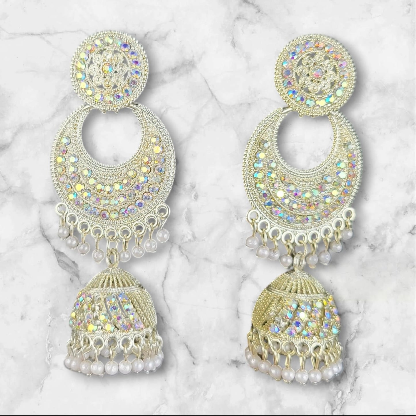 MIDAM™ Silver AD Studded Multicolour White Beads Drop Earrings.