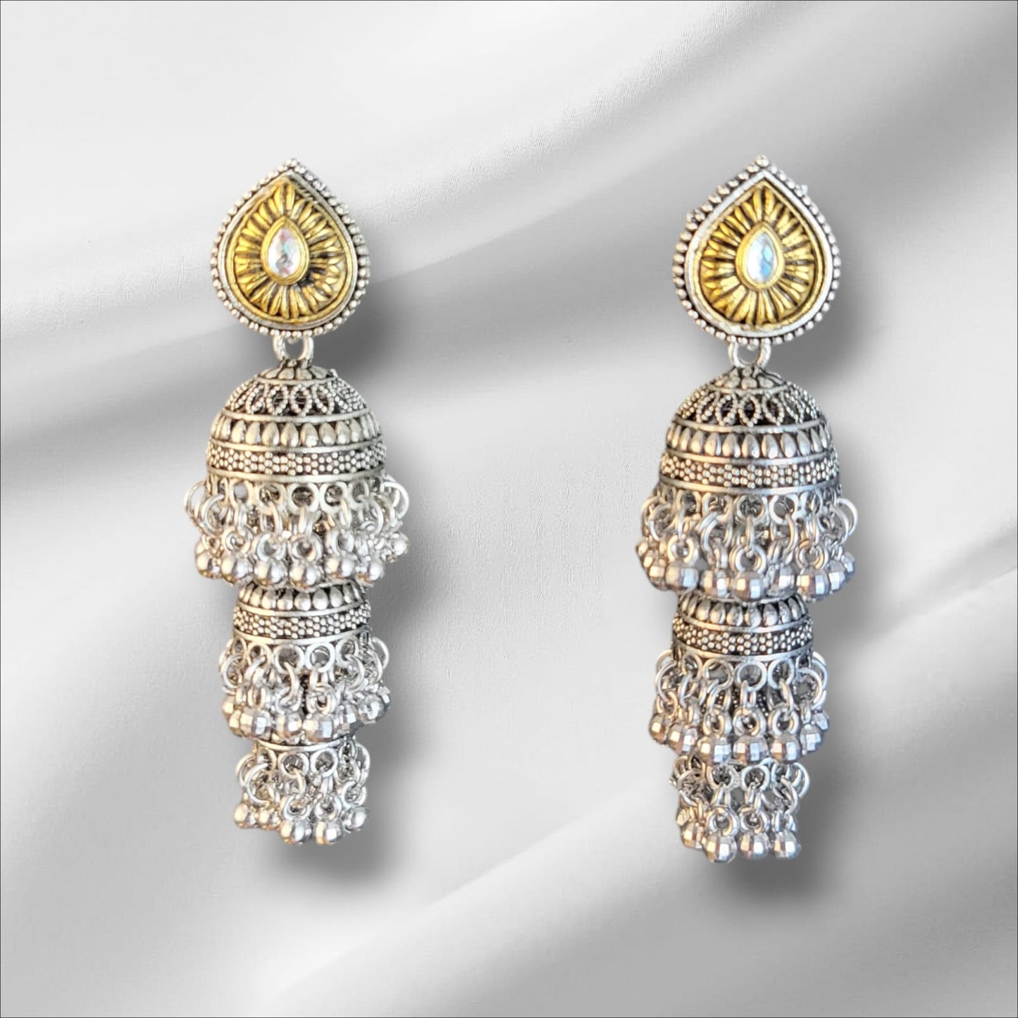 MIDAM™ Silver and Gold Plated 3 Layered Jhumka Earrings
