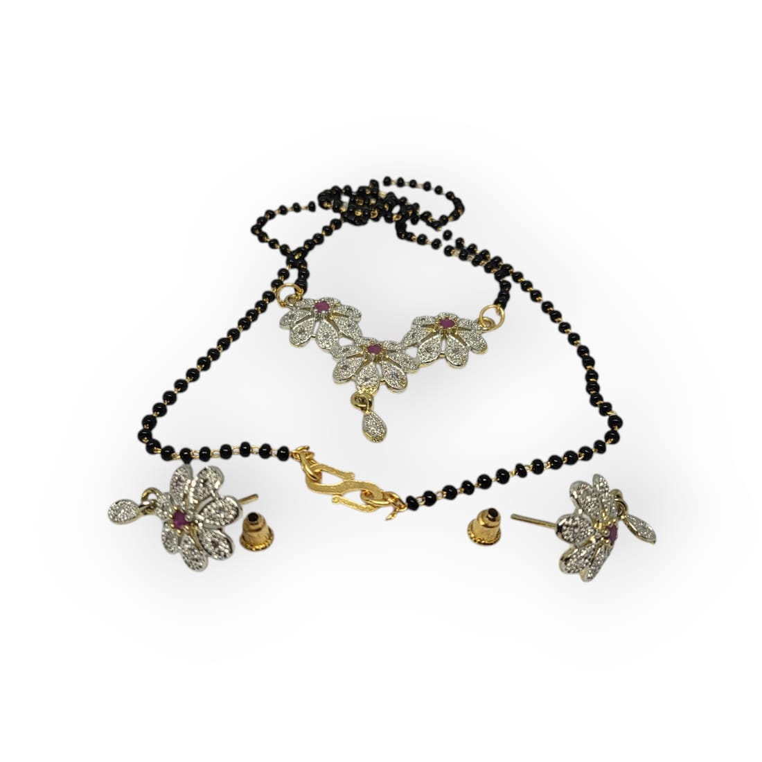 MIDAM™ Gold-Plated American Diamond Pink Flower Mangalsutra & Earrings Set