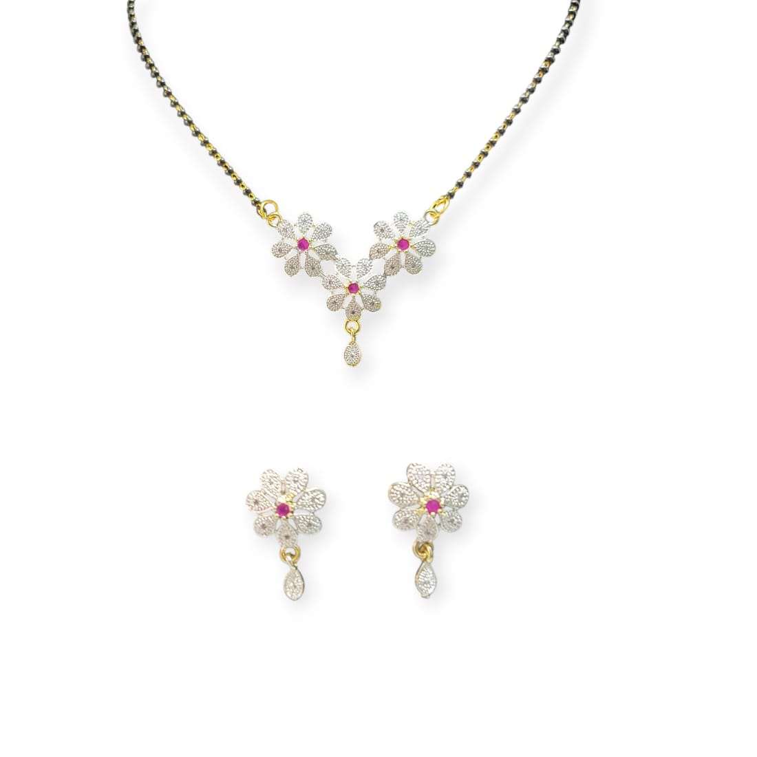 MIDAM™ Gold-Plated American Diamond Pink Flower Mangalsutra & Earrings Set