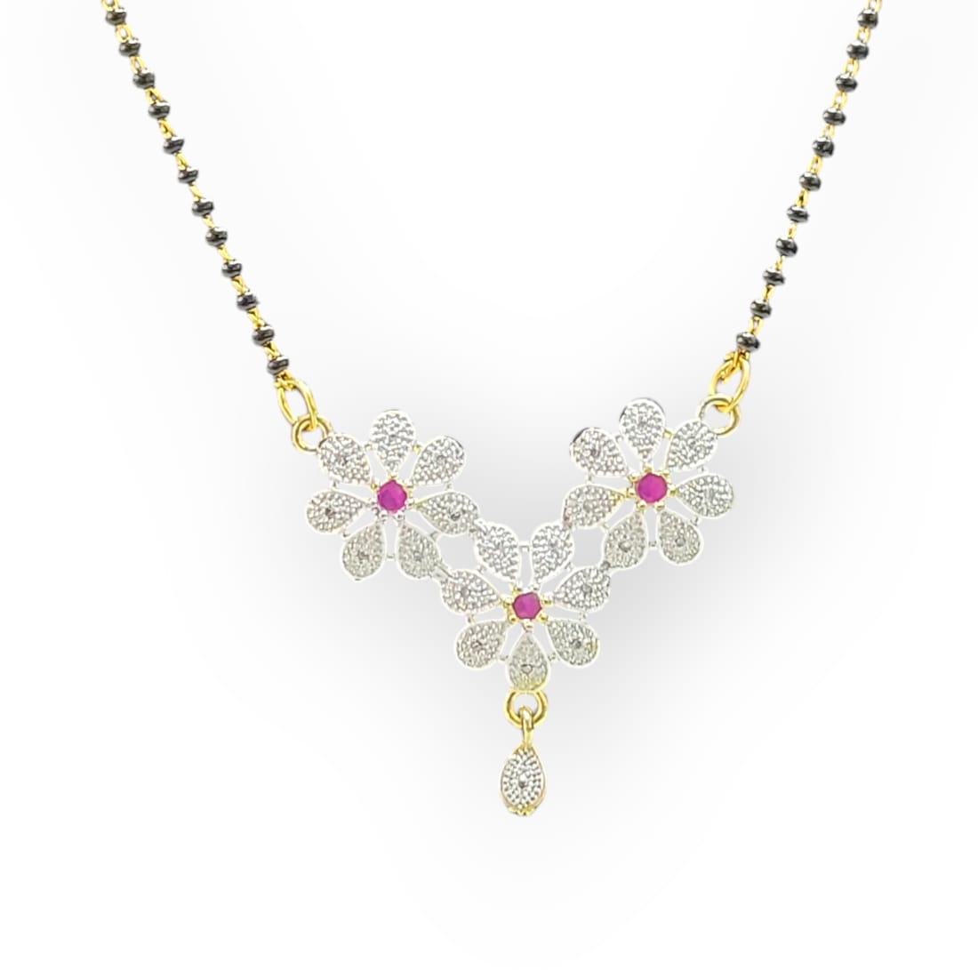 MIDAM™ Gold-Plated American Diamond Pink Flower Mangalsutra & Earrings Set