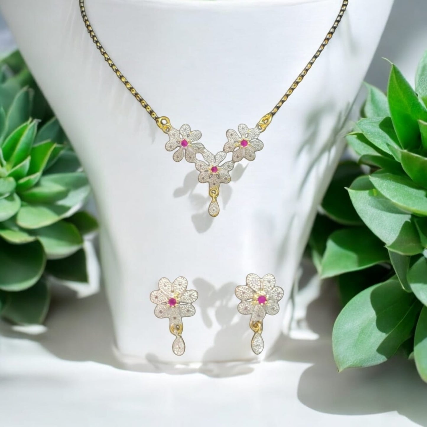 MIDAM™ Gold-Plated American Diamond Pink Flower Mangalsutra & Earrings Set