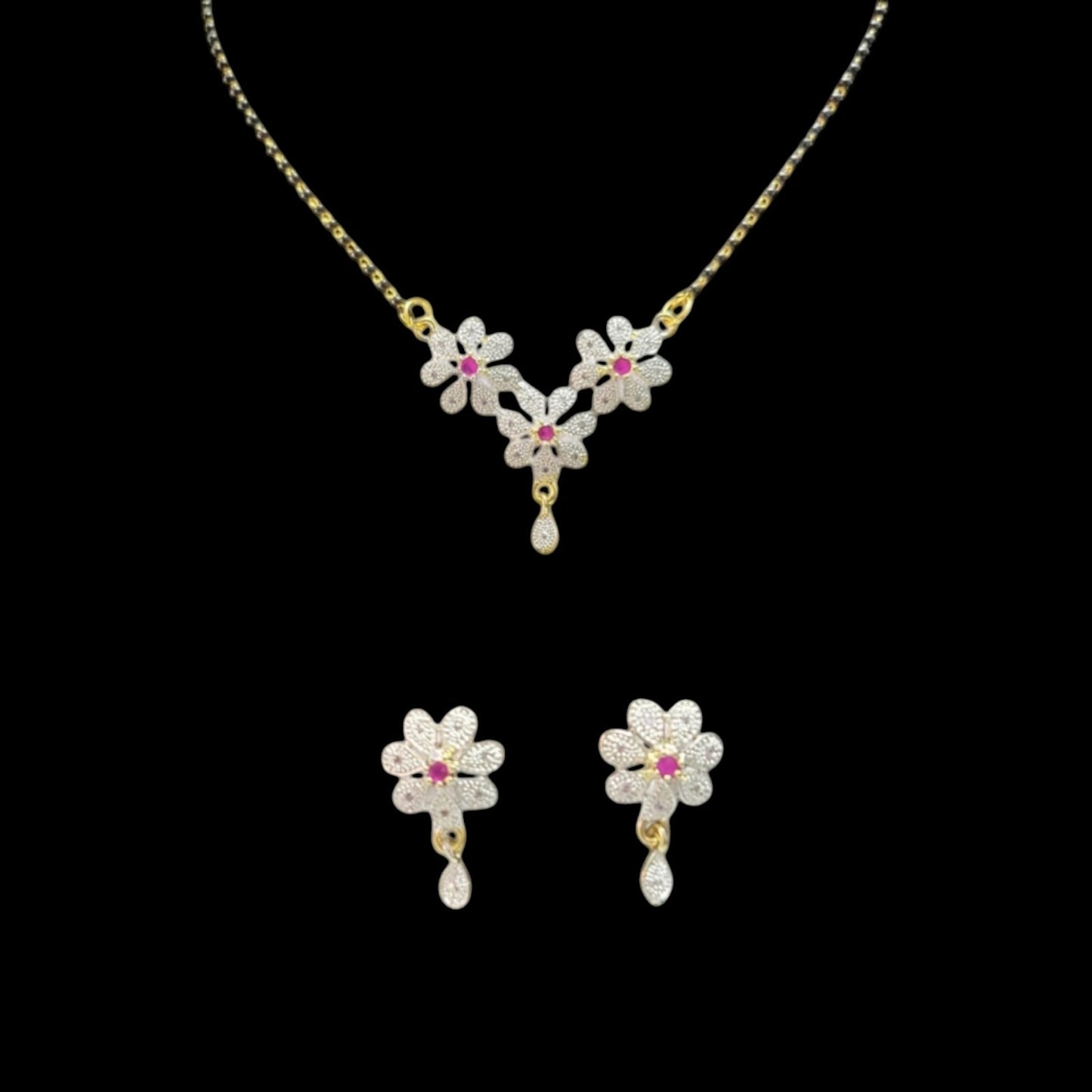 MIDAM™ Gold-Plated American Diamond Pink Flower Mangalsutra & Earrings Set